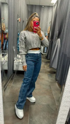 0012 Folded waistband stretch denim jeans