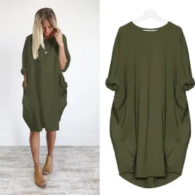 2018 hot sale Women Casual Dress Pocket Loose Long Sleeve Irregular Dress Ladies Crew Neck Casual Long Tops Dress Plus Size