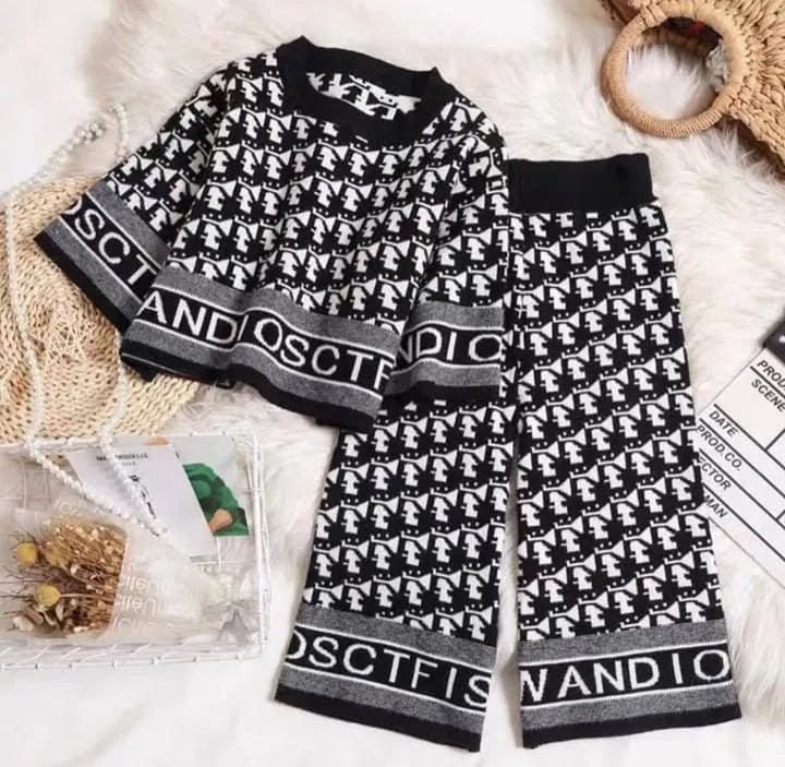 2pcs Baby Girls Houndstooth Sweater And Wide Leg Pants Set, Fashionable Knit Outfit   S4955061