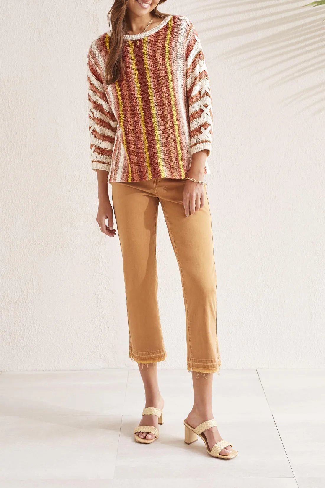 3/4 Sleeve Lace Up Boat Neck Sweater