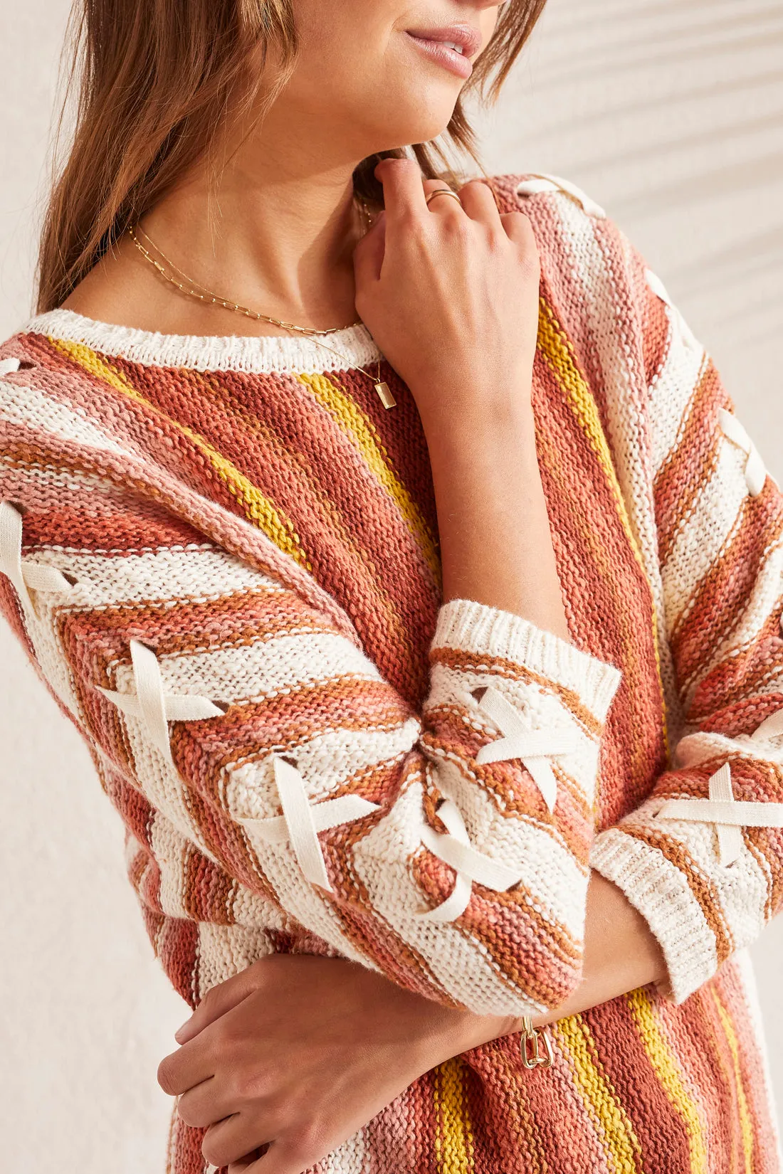 3/4 Sleeve Lace Up Boat Neck Sweater