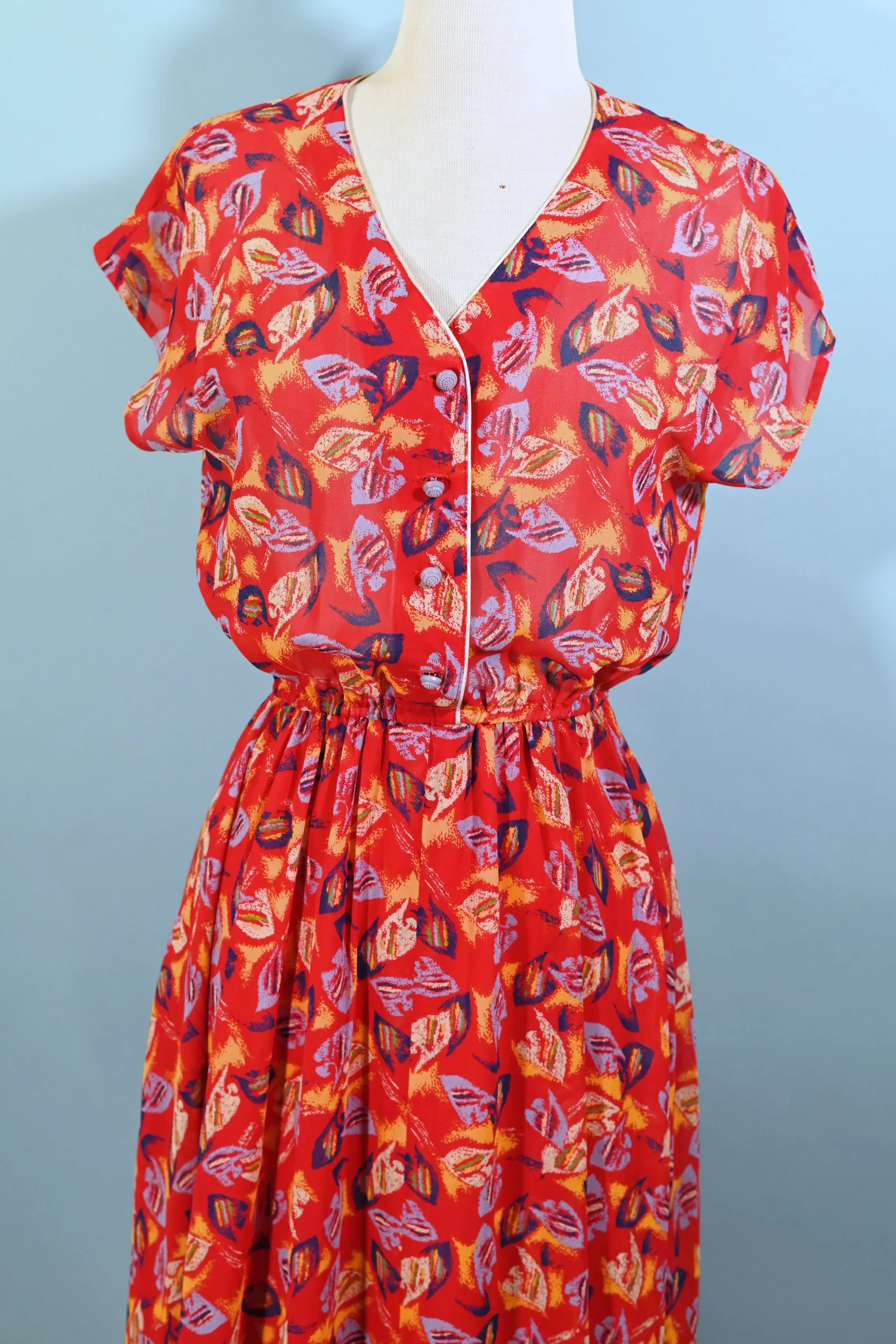 70s Red Abstract Print Semi Sheer Dress, Fuller Skirt Elastic Waist S/M