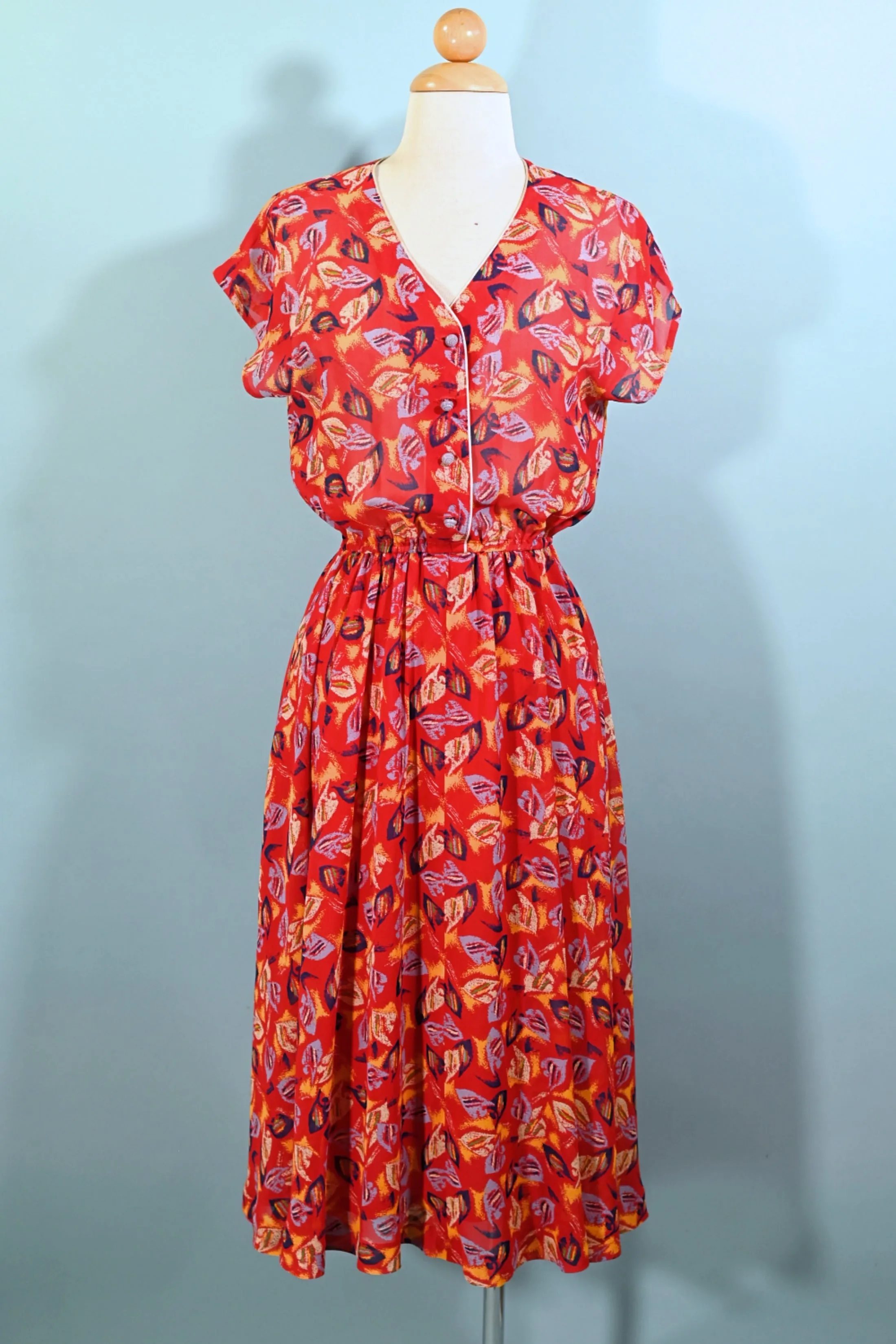 70s Red Abstract Print Semi Sheer Dress, Fuller Skirt Elastic Waist S/M