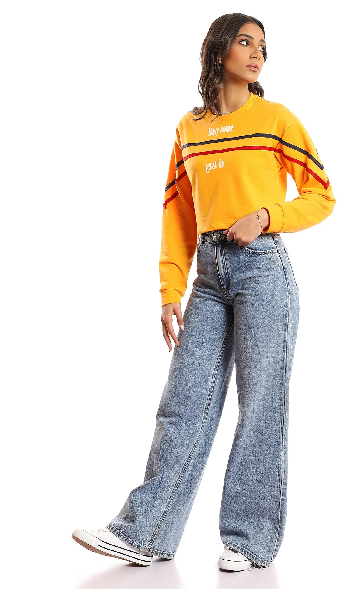 98105 "Easy Come Easy Go" Cropped Long Sleeves T-Shirt - Orange