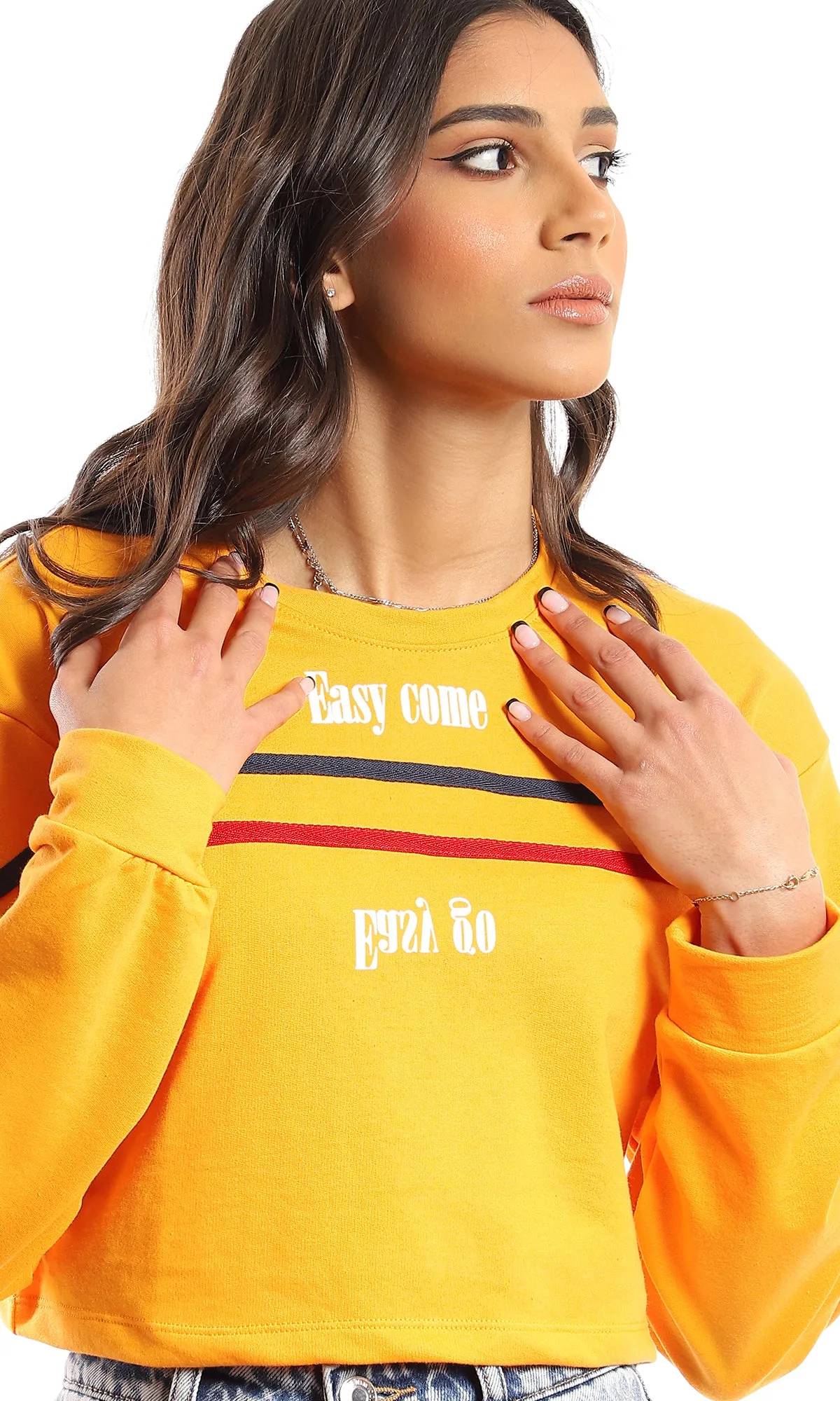 98105 "Easy Come Easy Go" Cropped Long Sleeves T-Shirt - Orange