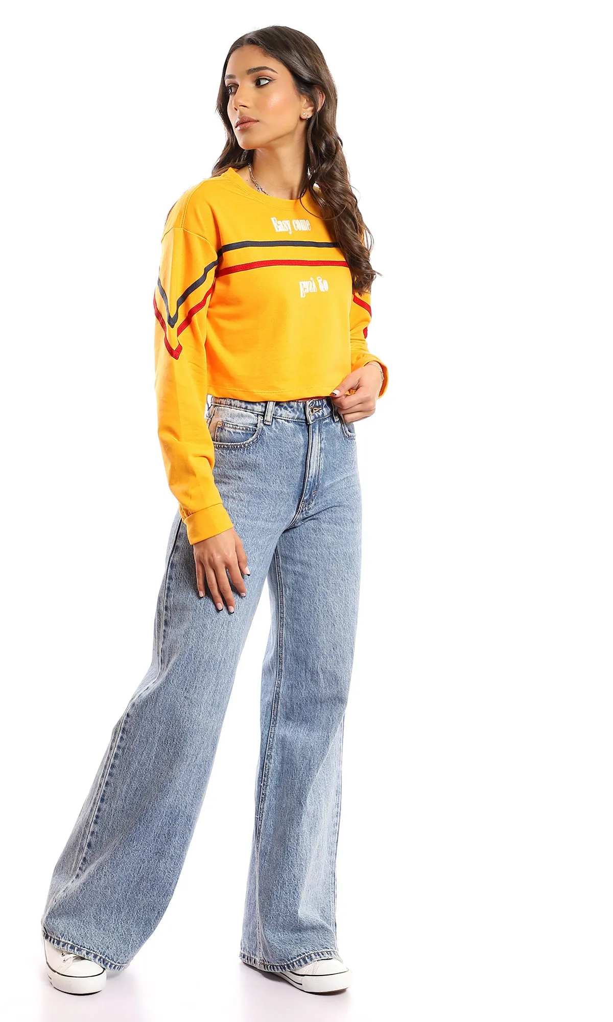 98105 "Easy Come Easy Go" Cropped Long Sleeves T-Shirt - Orange