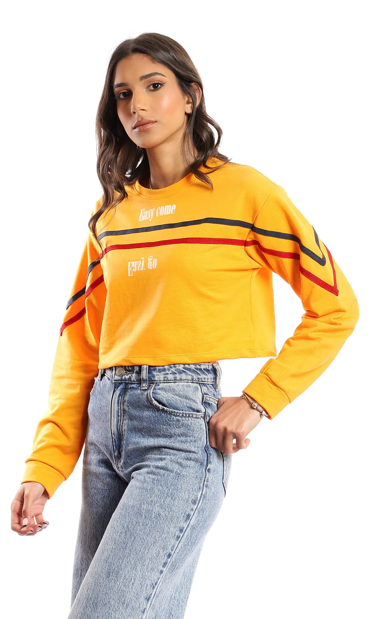 98105 "Easy Come Easy Go" Cropped Long Sleeves T-Shirt - Orange