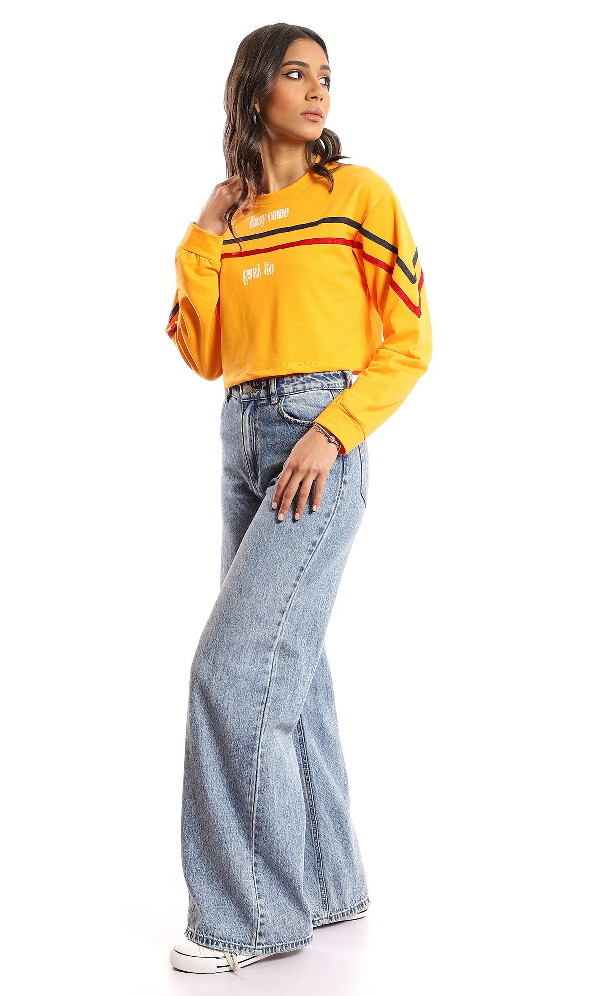 98105 "Easy Come Easy Go" Cropped Long Sleeves T-Shirt - Orange