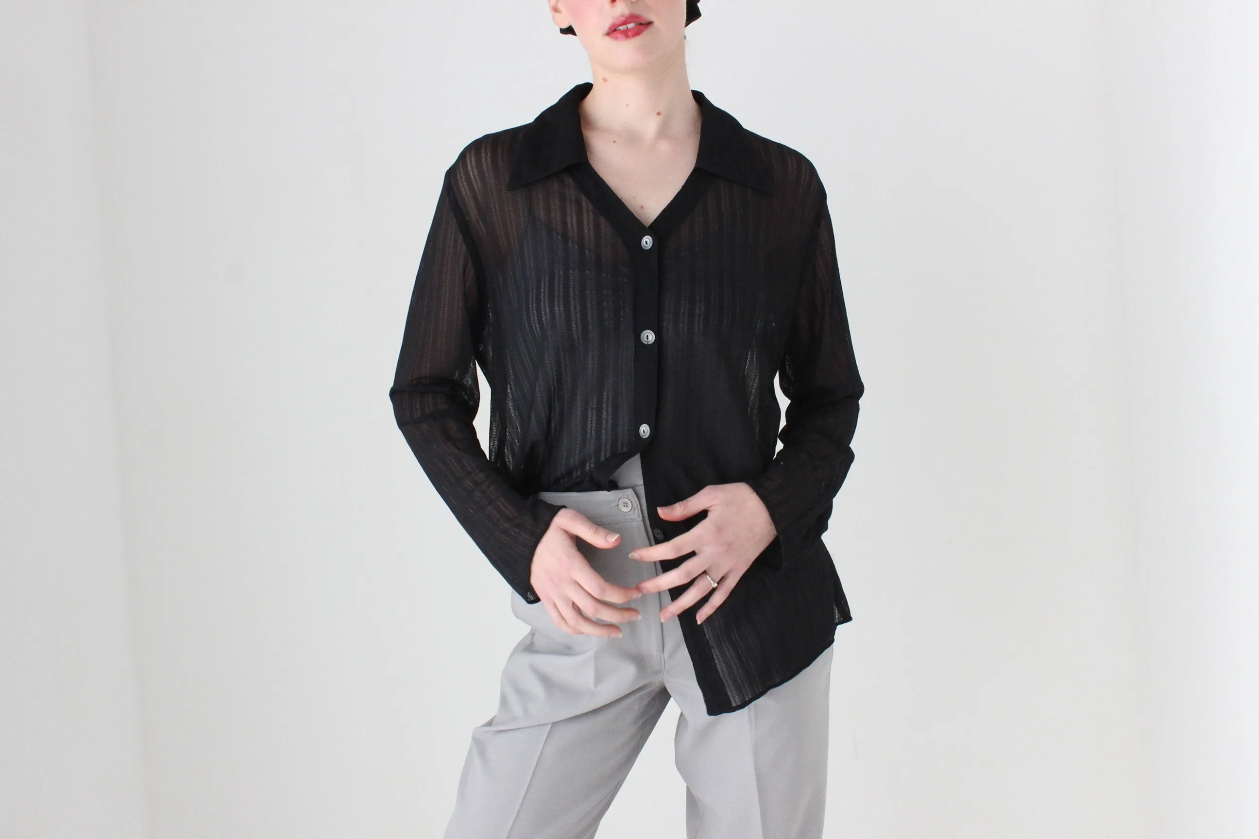 BALLETCORE 90s Sheer Mesh Black Oversized Shirt