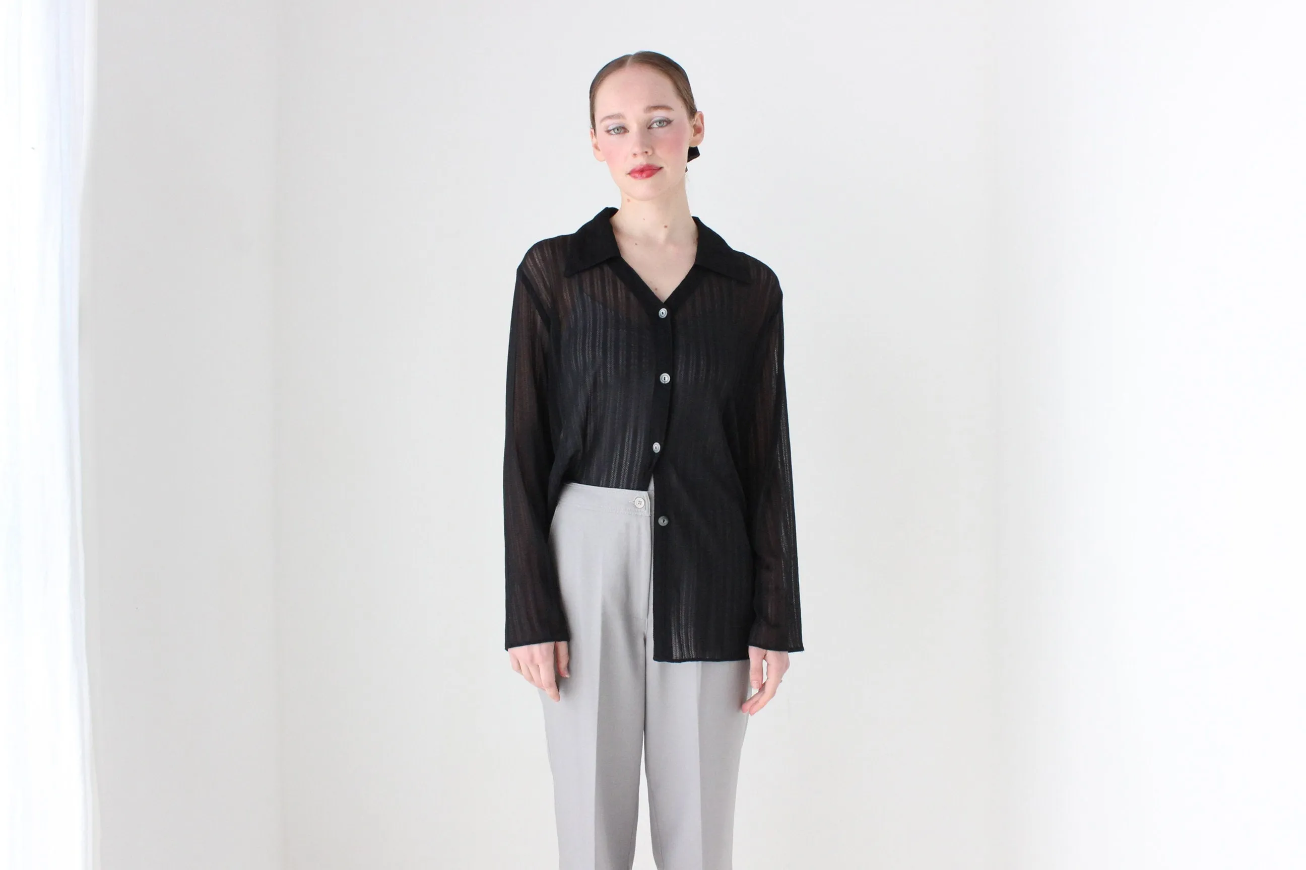 BALLETCORE 90s Sheer Mesh Black Oversized Shirt