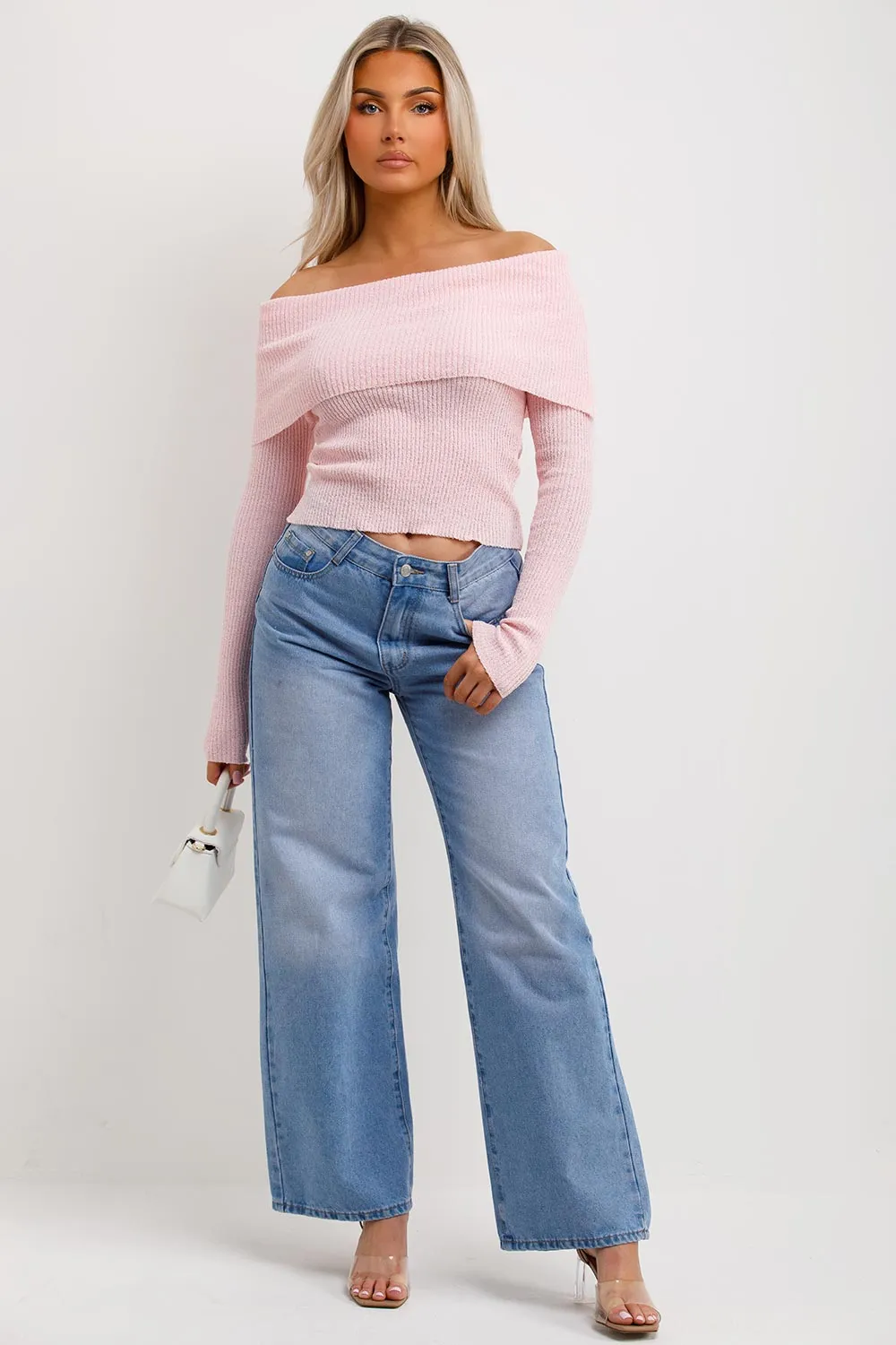 Bardot Jumper With Fold Over Detail Pink