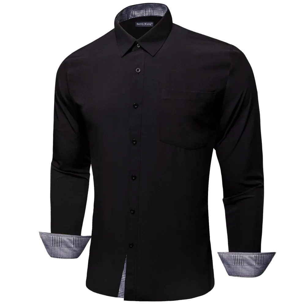 Barry Wang Black Shirt with Grey Plaid Splicing Long Sleeve Silk Shirt