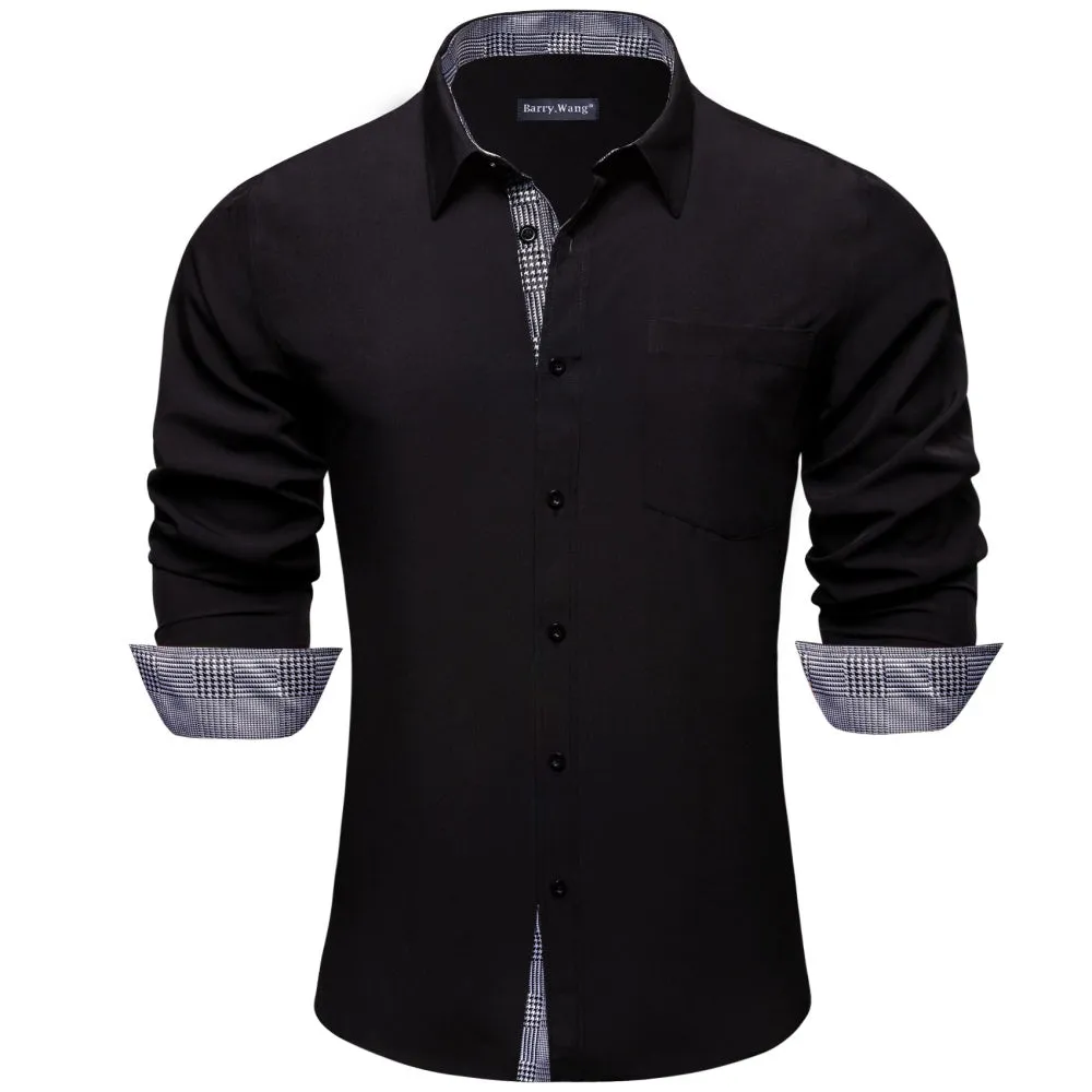 Barry Wang Black Shirt with Grey Plaid Splicing Long Sleeve Silk Shirt