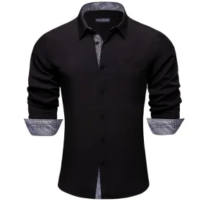 Barry Wang Black Shirt with Grey Plaid Splicing Long Sleeve Silk Shirt