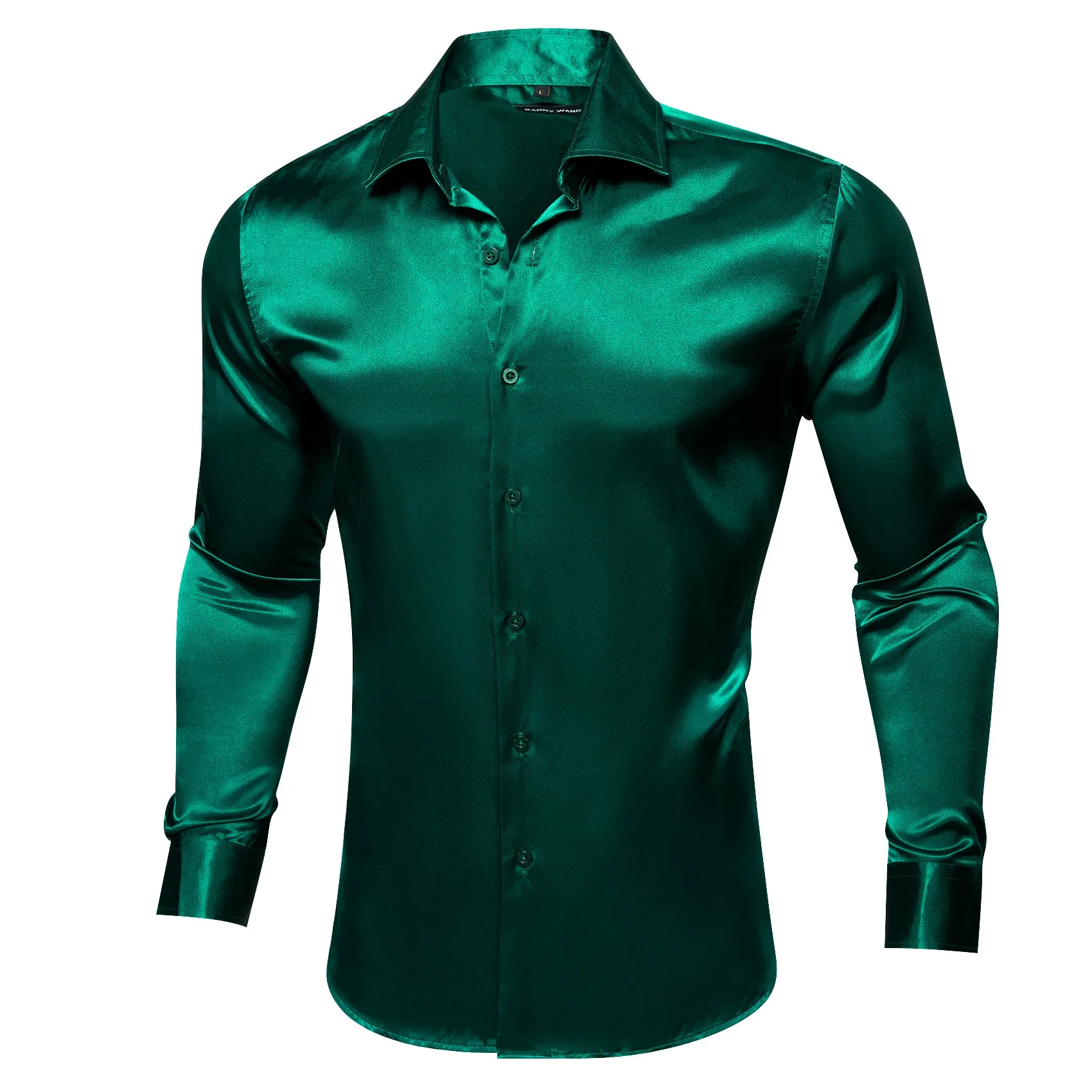 Barry Wang Dark Green Shirt for Men Solid Silk Long Sleeve Shirt