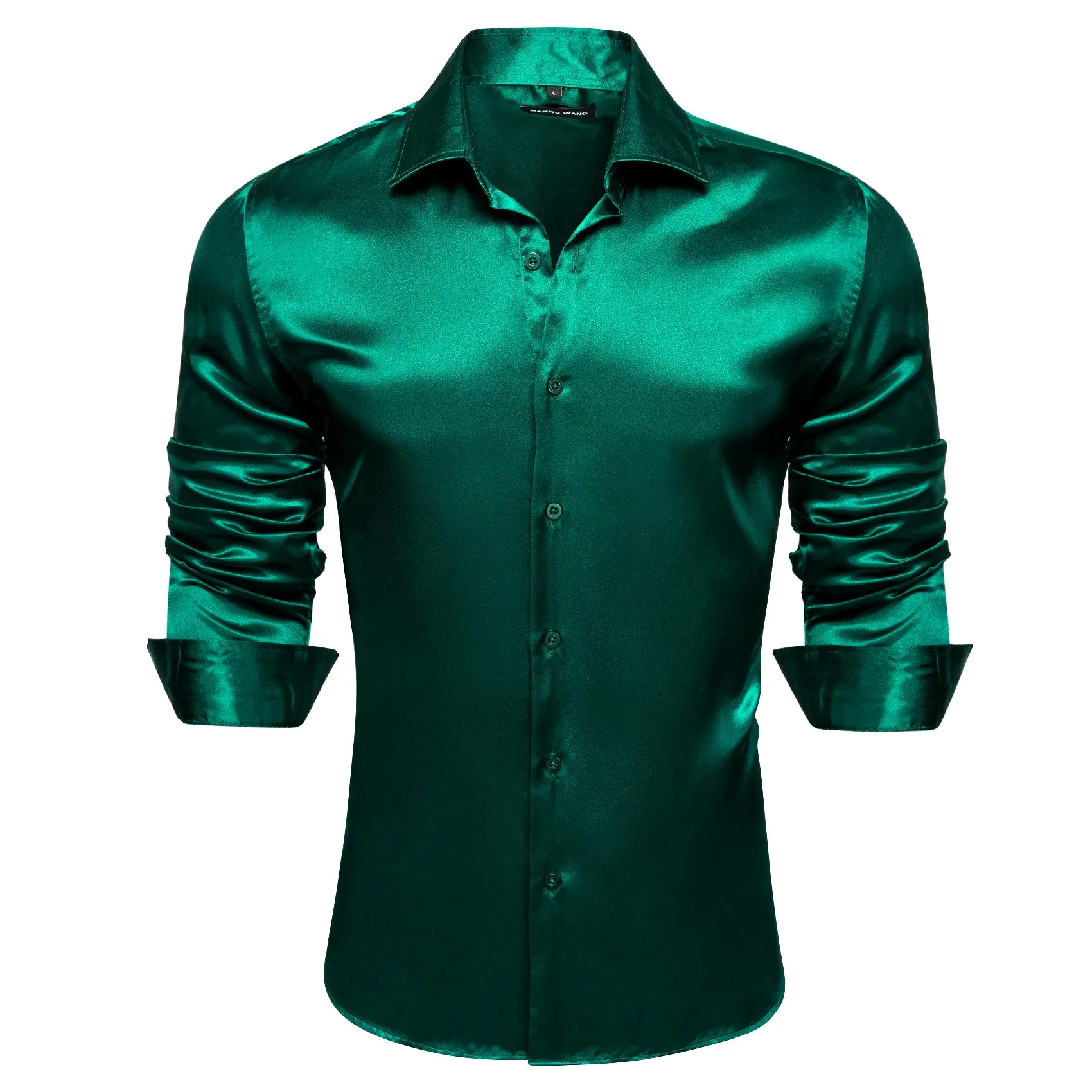 Barry Wang Dark Green Shirt for Men Solid Silk Long Sleeve Shirt