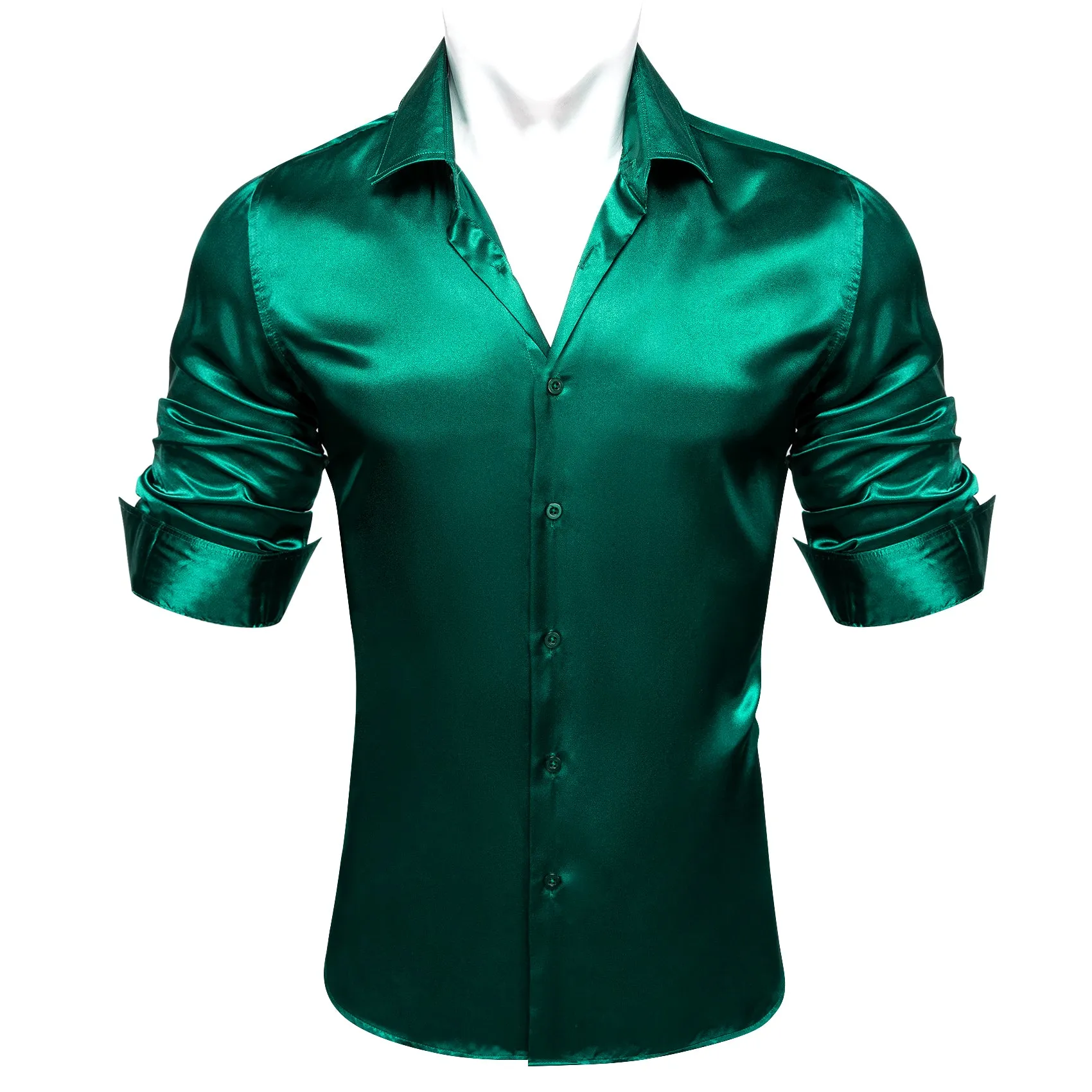 Barry Wang Dark Green Shirt for Men Solid Silk Long Sleeve Shirt