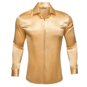 Barry Wang Gold Champagne Tops Goldenrod Solid Silk Button Up Shirt
