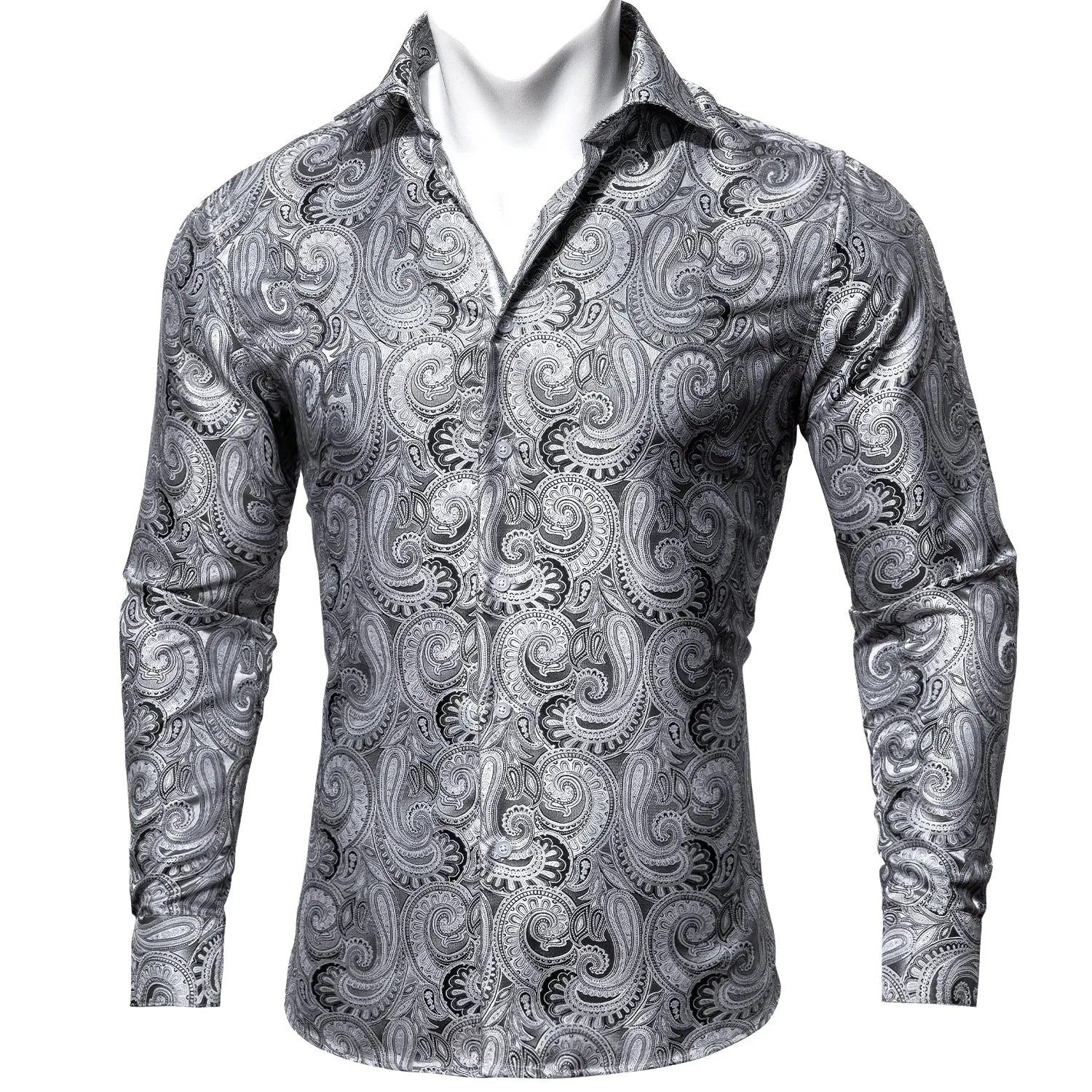 Barry Wang Shirt Grey Silver Paisley Silk Business Casual Shirts