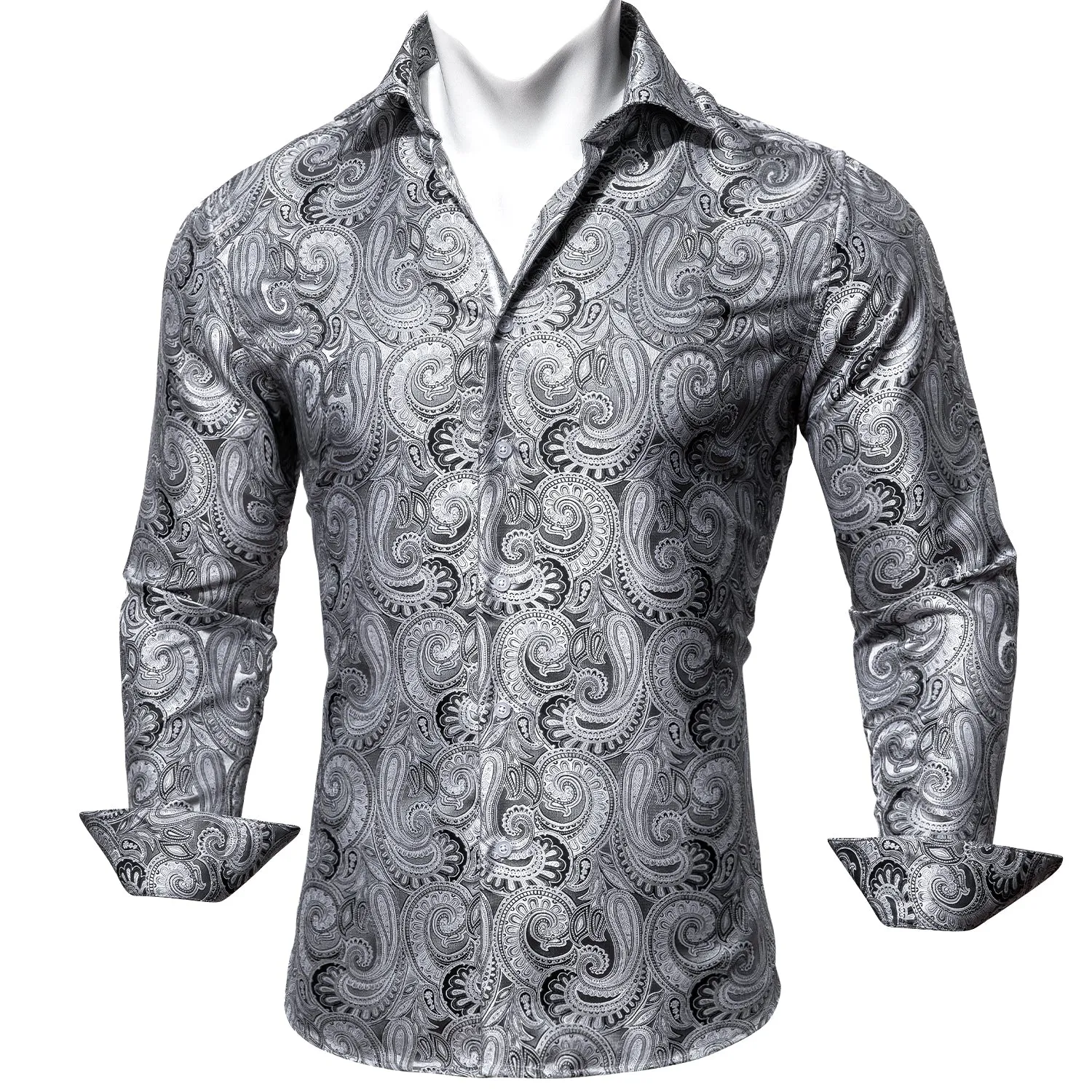 Barry Wang Shirt Grey Silver Paisley Silk Business Casual Shirts