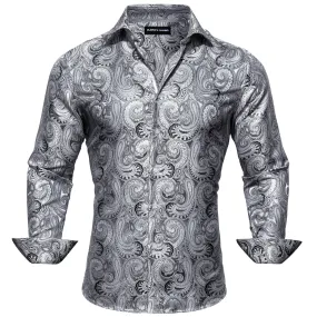 Barry Wang Shirt Grey Silver Paisley Silk Business Casual Shirts