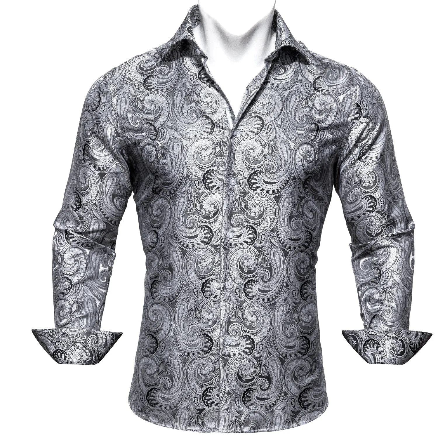 Barry Wang Shirt Grey Silver Paisley Silk Business Casual Shirts