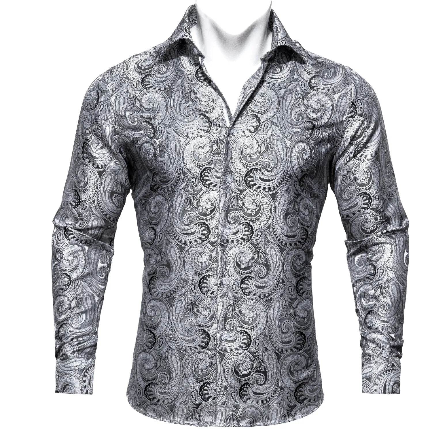 Barry Wang Shirt Grey Silver Paisley Silk Business Casual Shirts