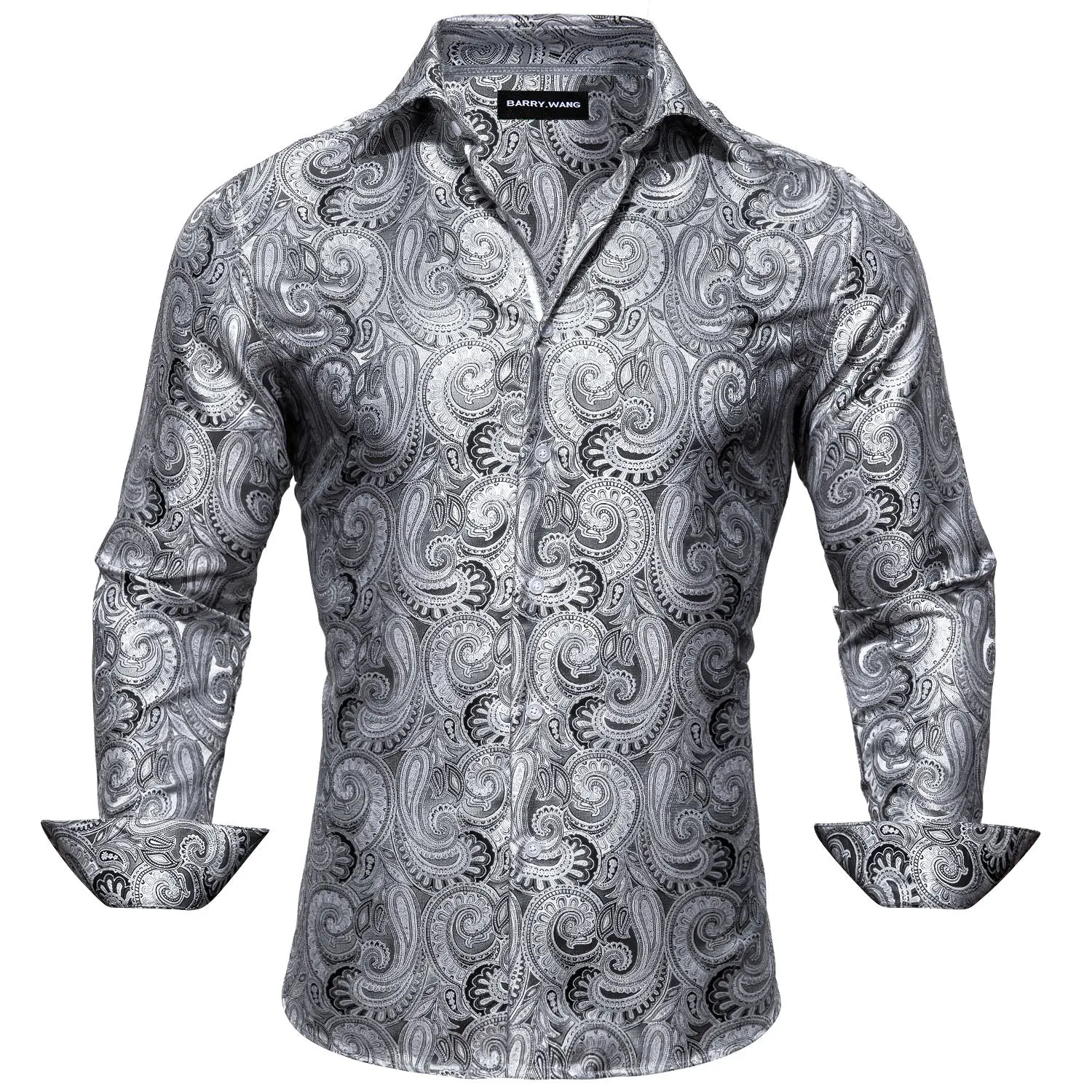 Barry Wang Shirt Grey Silver Paisley Silk Business Casual Shirts