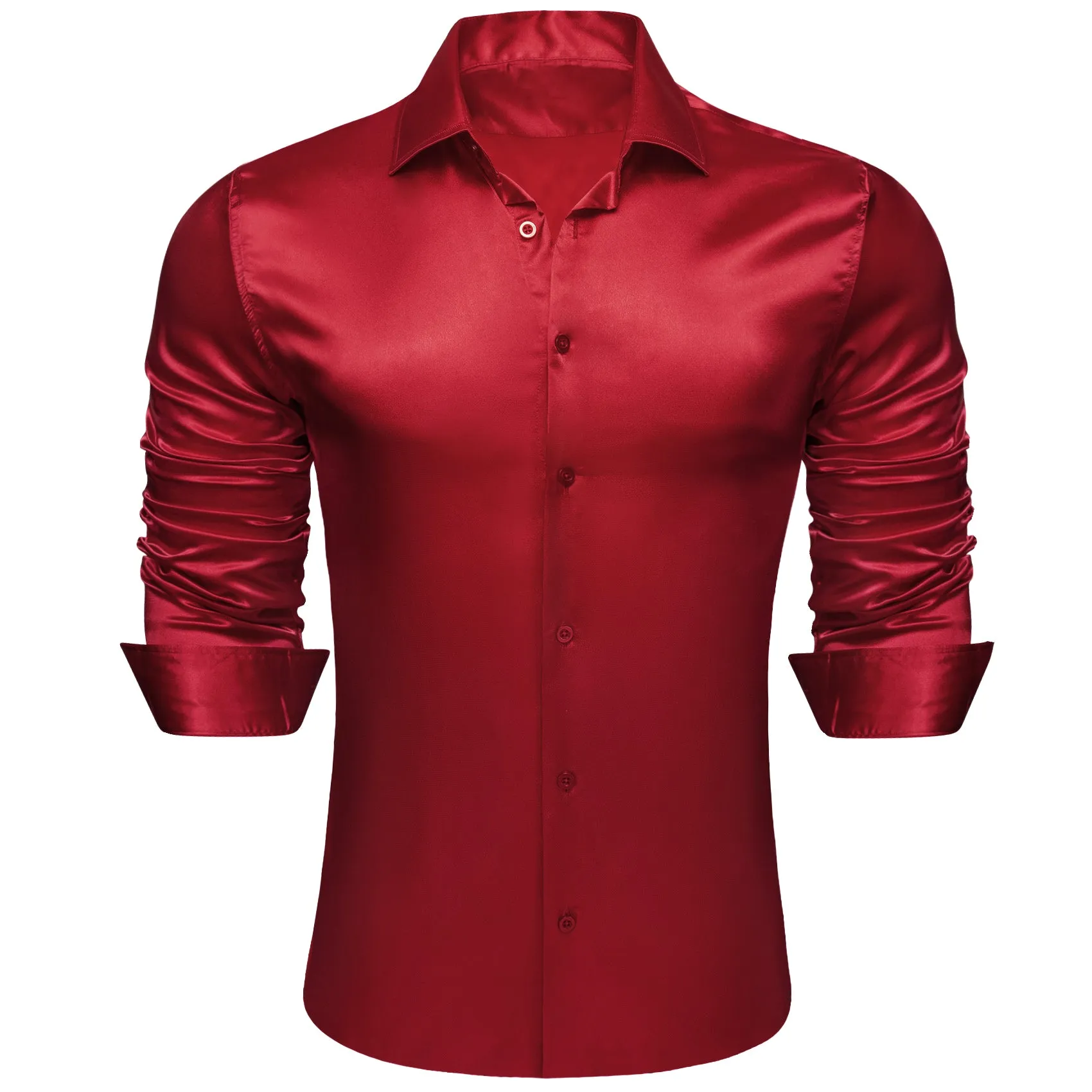 Barry.wang Dark Red Solid Silk Men's Long Sleeve Shirt