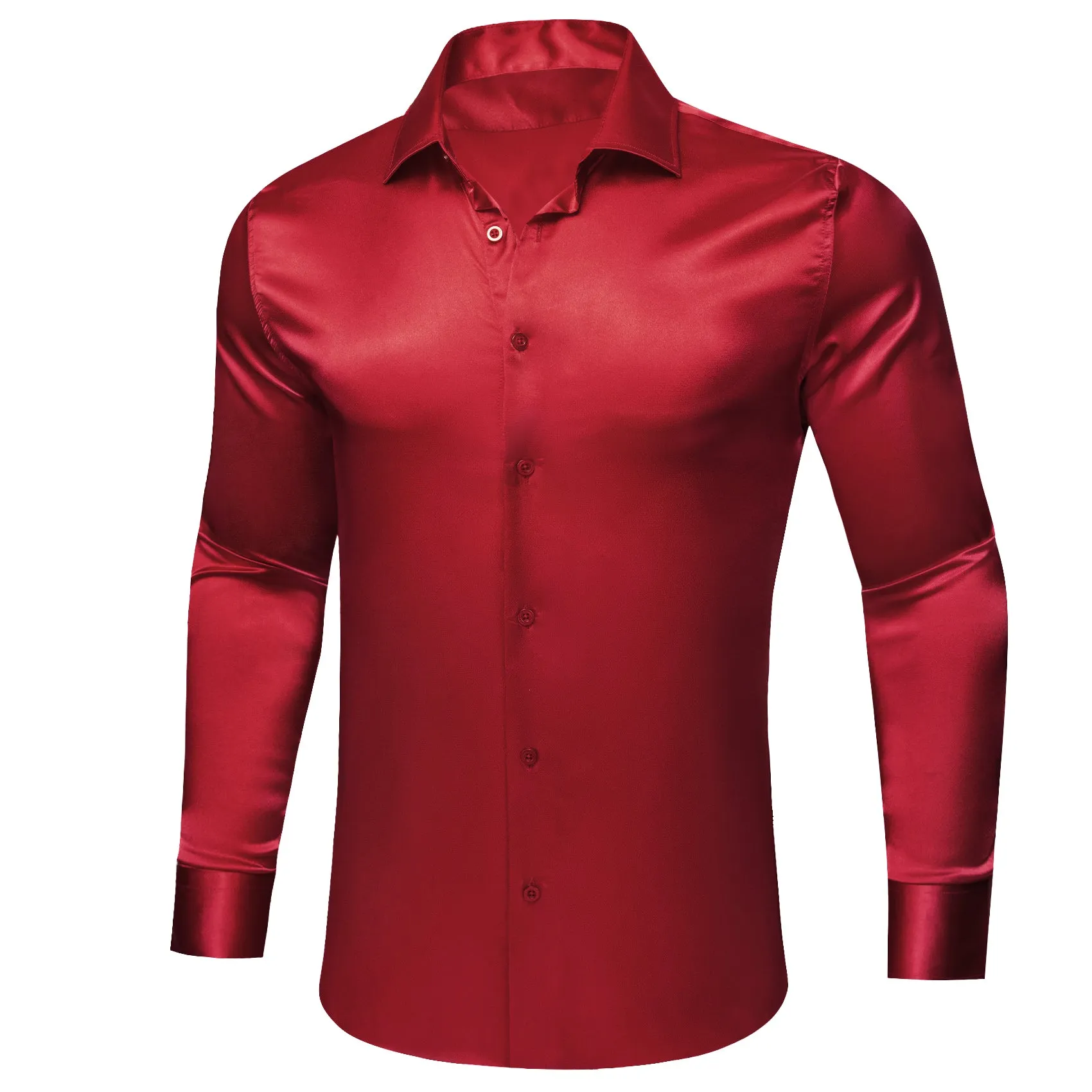 Barry.wang Dark Red Solid Silk Men's Long Sleeve Shirt