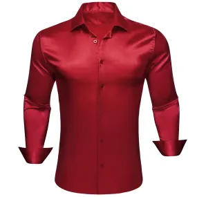 Barry.wang Dark Red Solid Silk Men's Long Sleeve Shirt