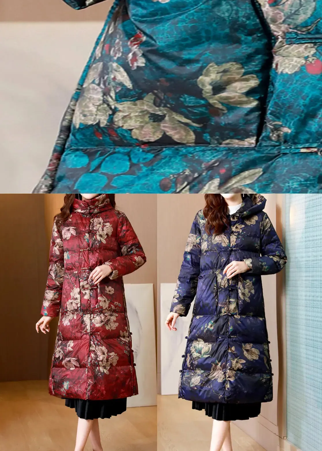 Beautiful Purple Stand Collar Print Chinese Button Duck Down Puffer Coat Winter ML2762