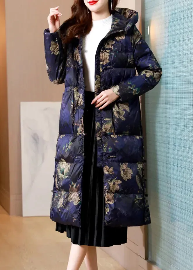 Beautiful Purple Stand Collar Print Chinese Button Duck Down Puffer Coat Winter ML2762