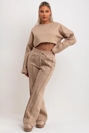 Beige Tracksuit Joggers And Crop Sweatshirt With Seam Detail