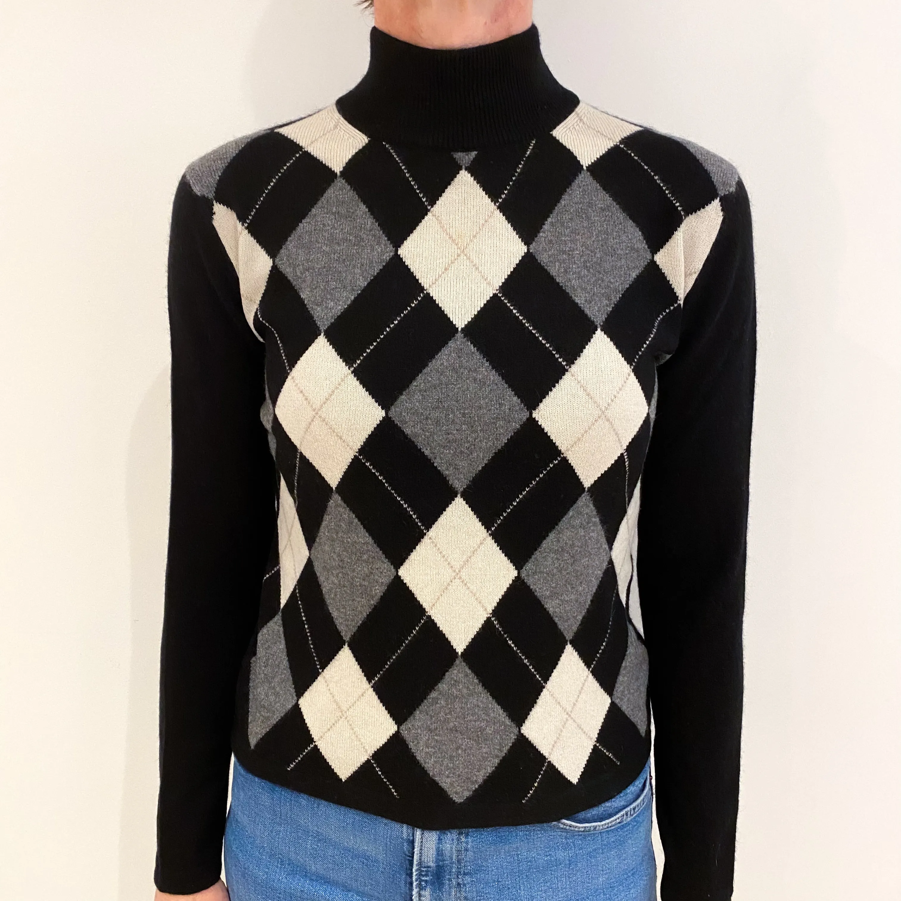 Black Grey Diamond Cashmere Turtle Neck Jumper Small
