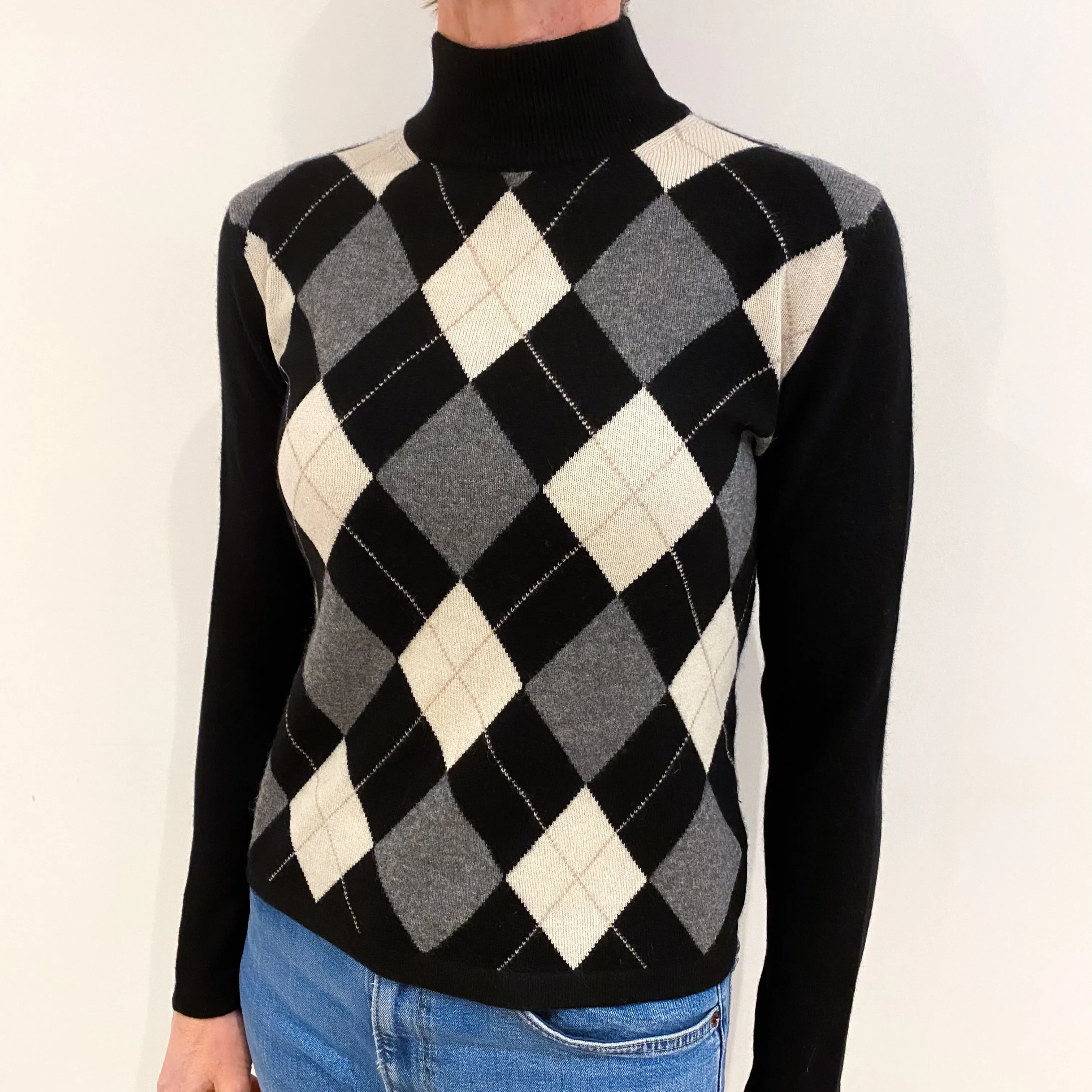 Black Grey Diamond Cashmere Turtle Neck Jumper Small