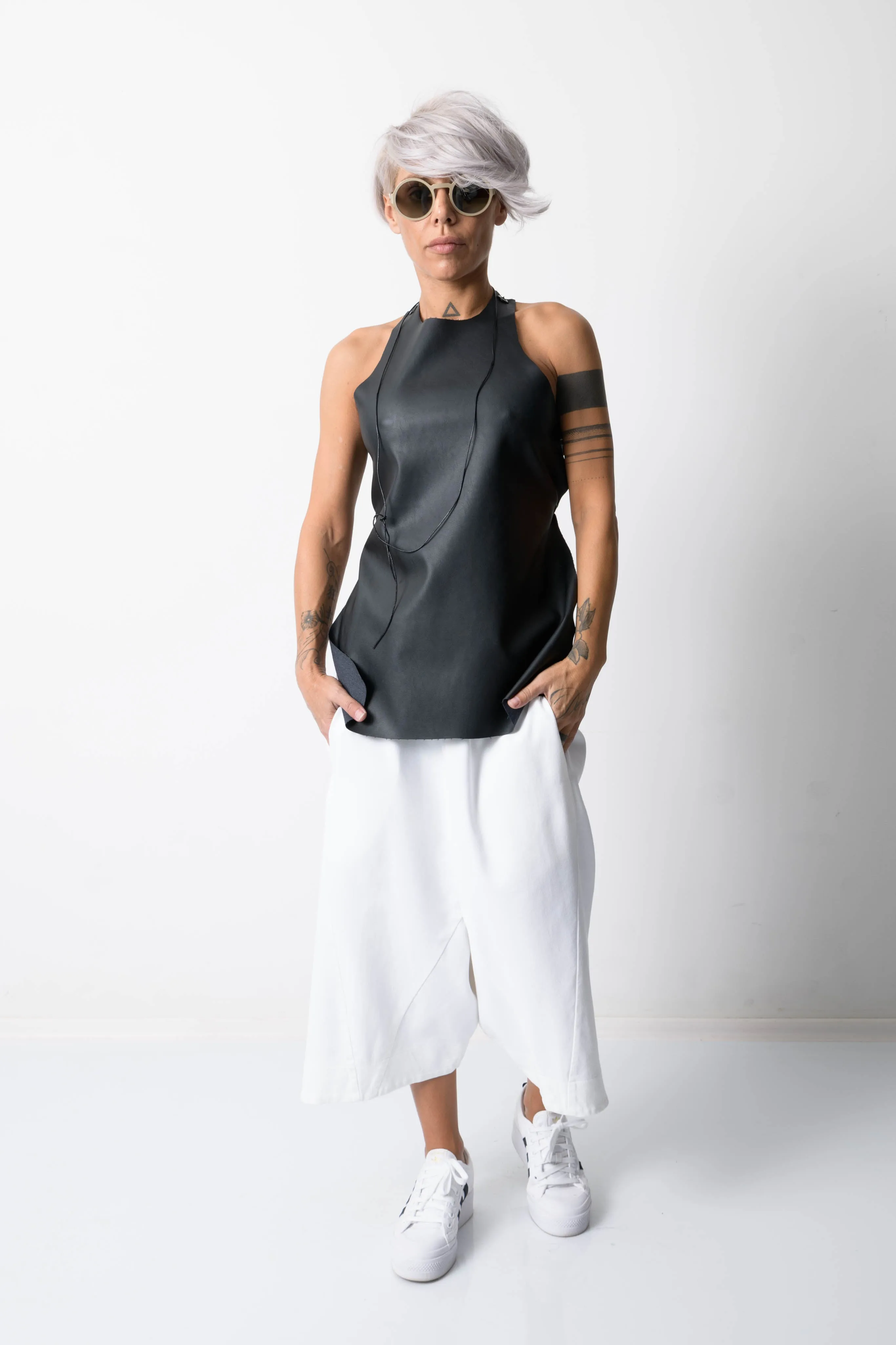 Black Open Back Leatherette Tank Top
