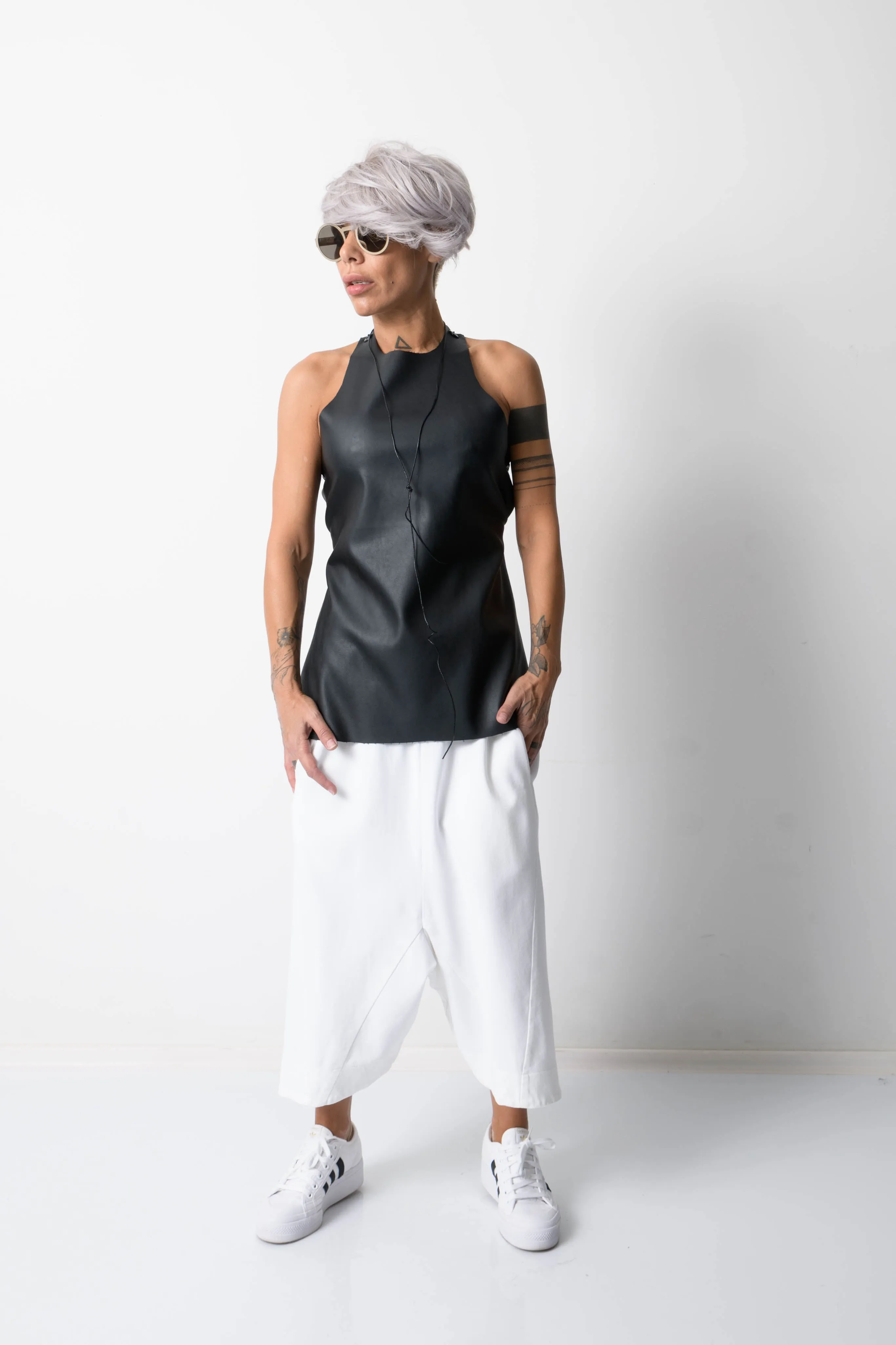 Black Open Back Leatherette Tank Top
