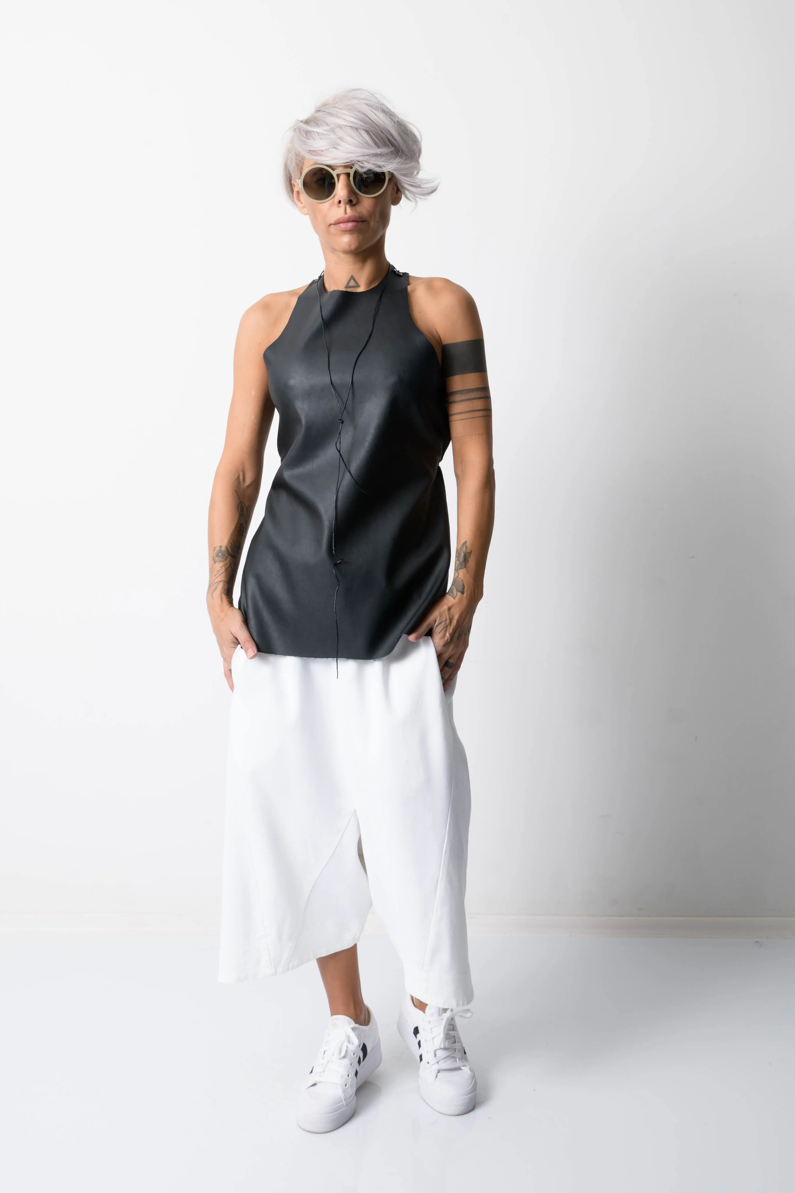 Black Open Back Leatherette Tank Top