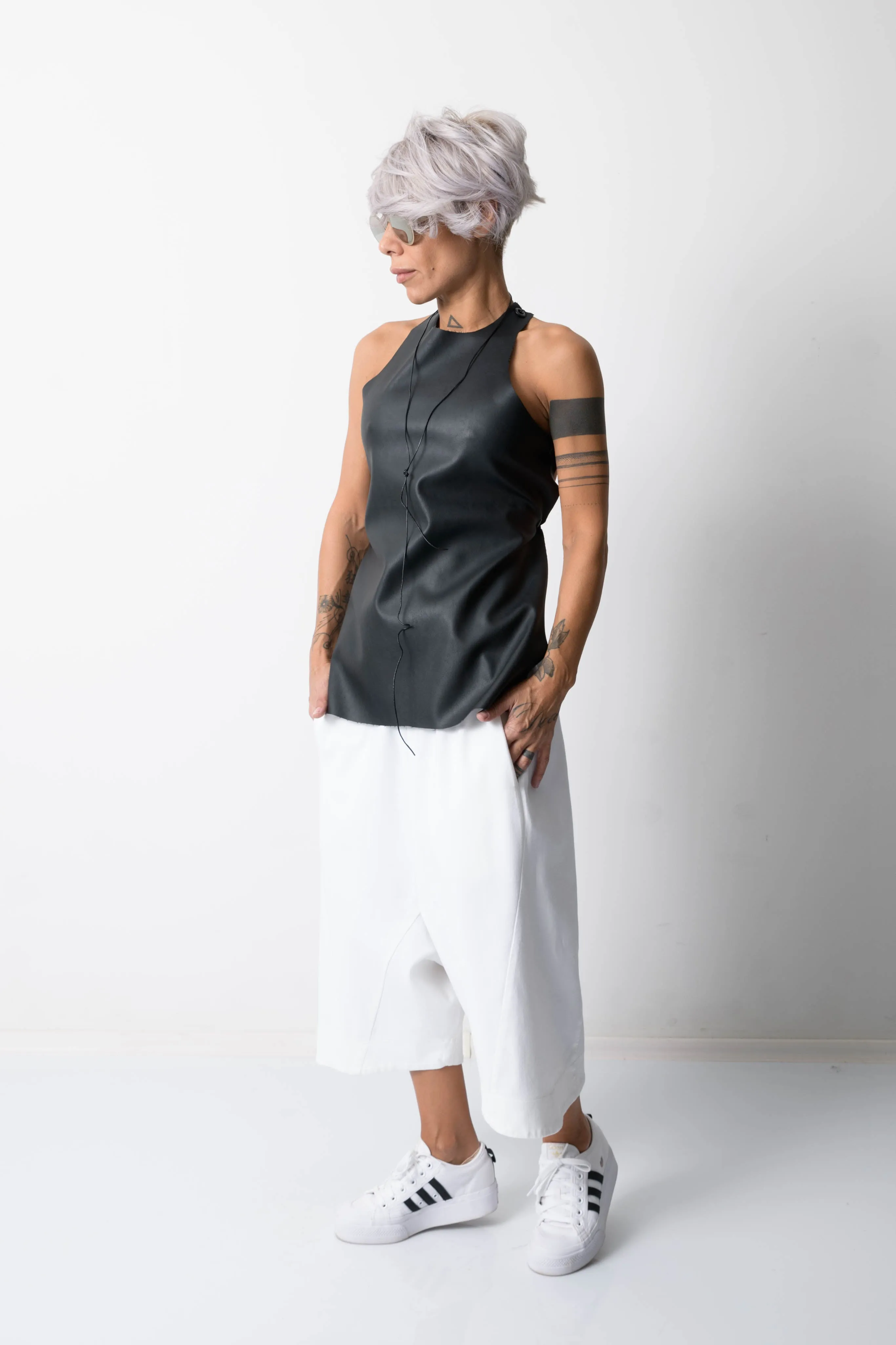 Black Open Back Leatherette Tank Top