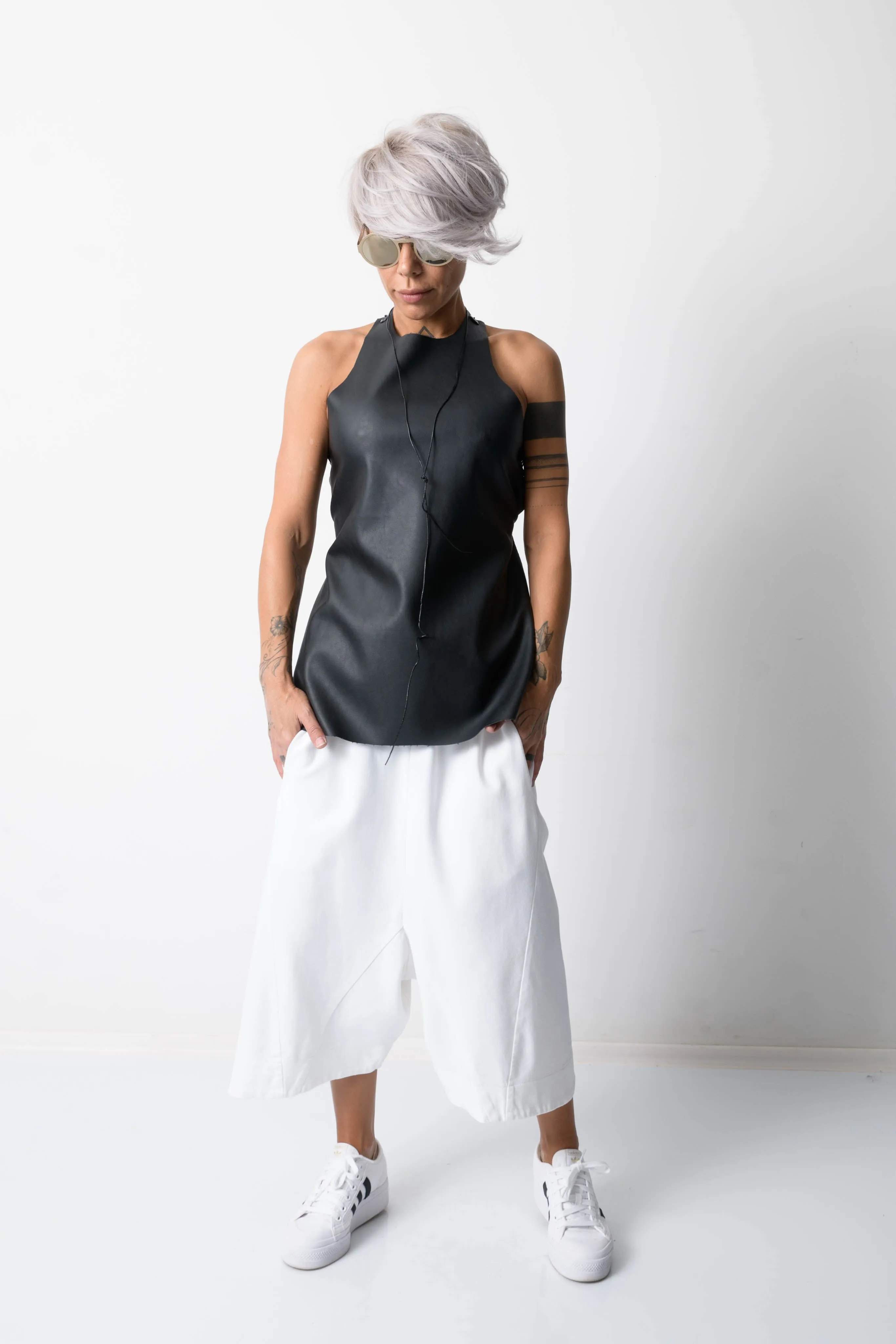 Black Open Back Leatherette Tank Top