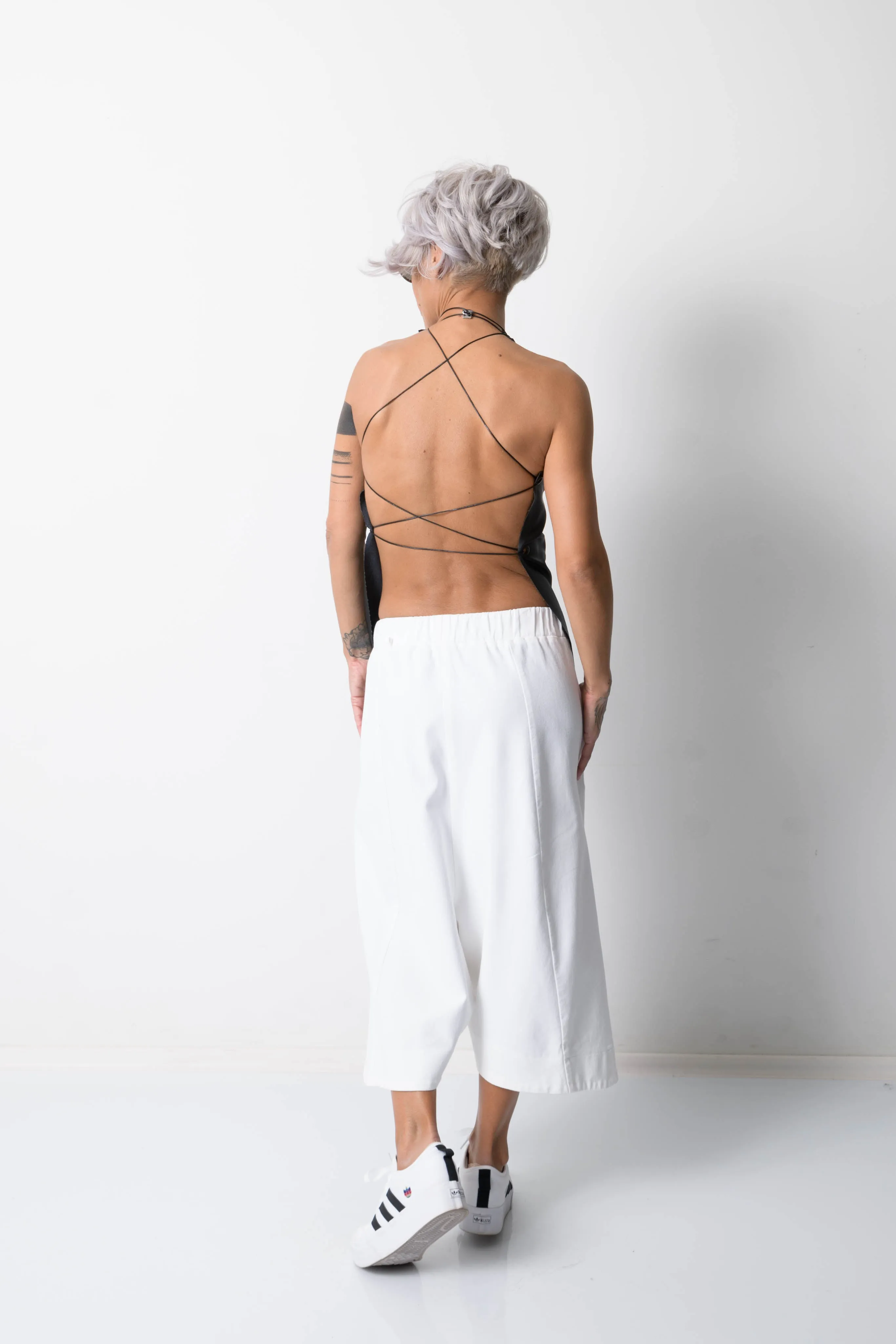 Black Open Back Leatherette Tank Top