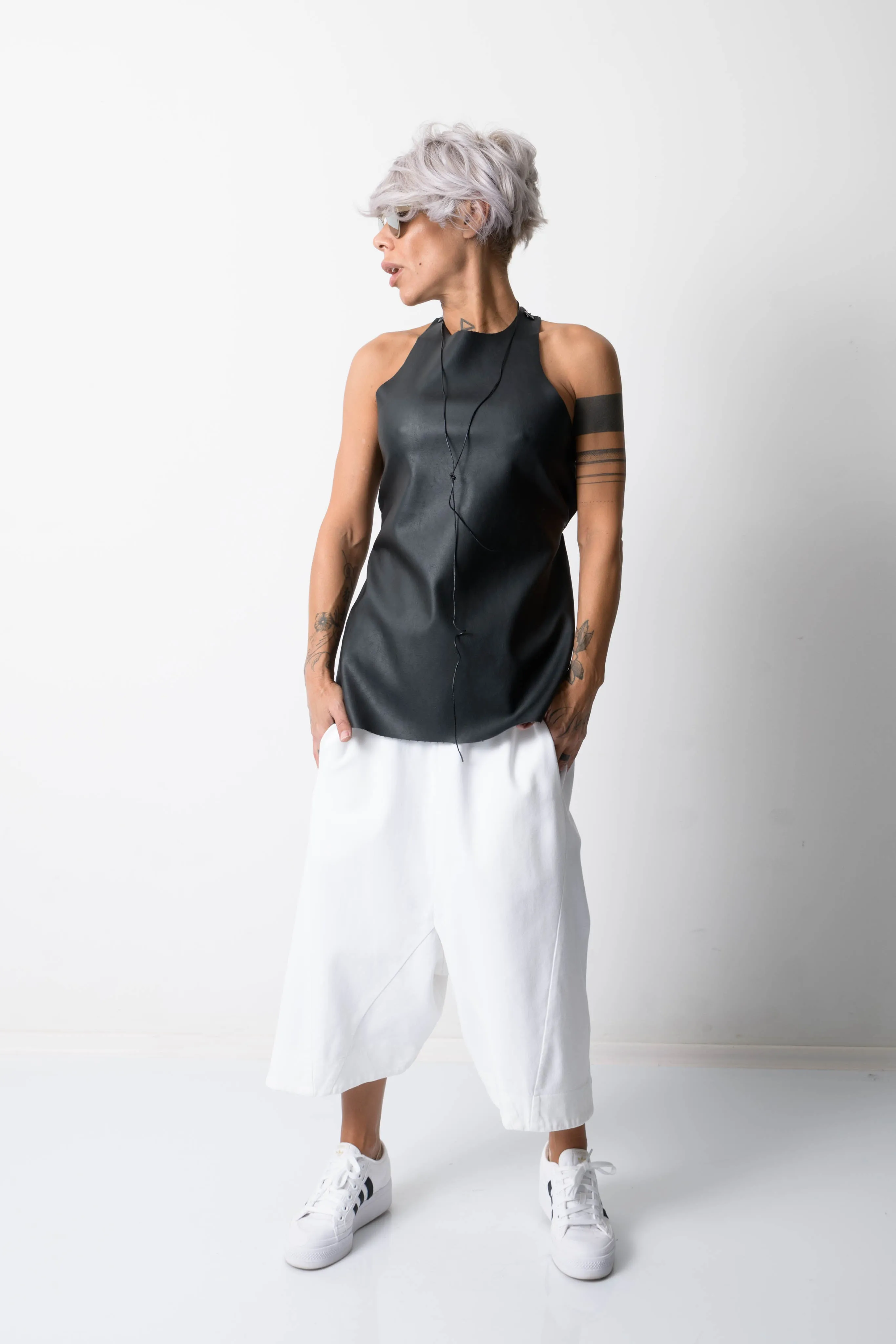 Black Open Back Leatherette Tank Top