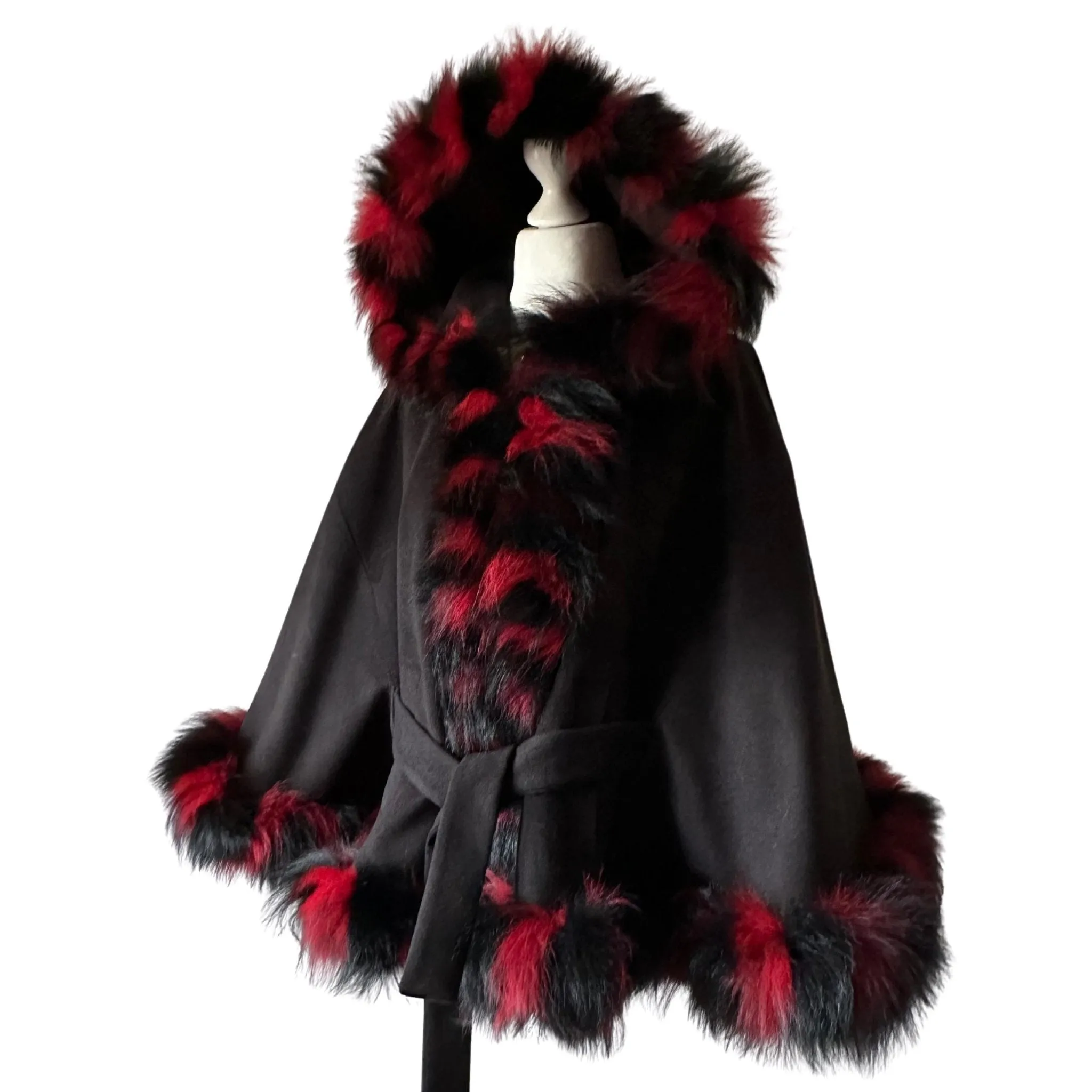 Black Red Belted Women Winter Coat Cape Trim Fox Fur, Winter Women's Poncho Jacket lined, Warm Women's coat with a hood