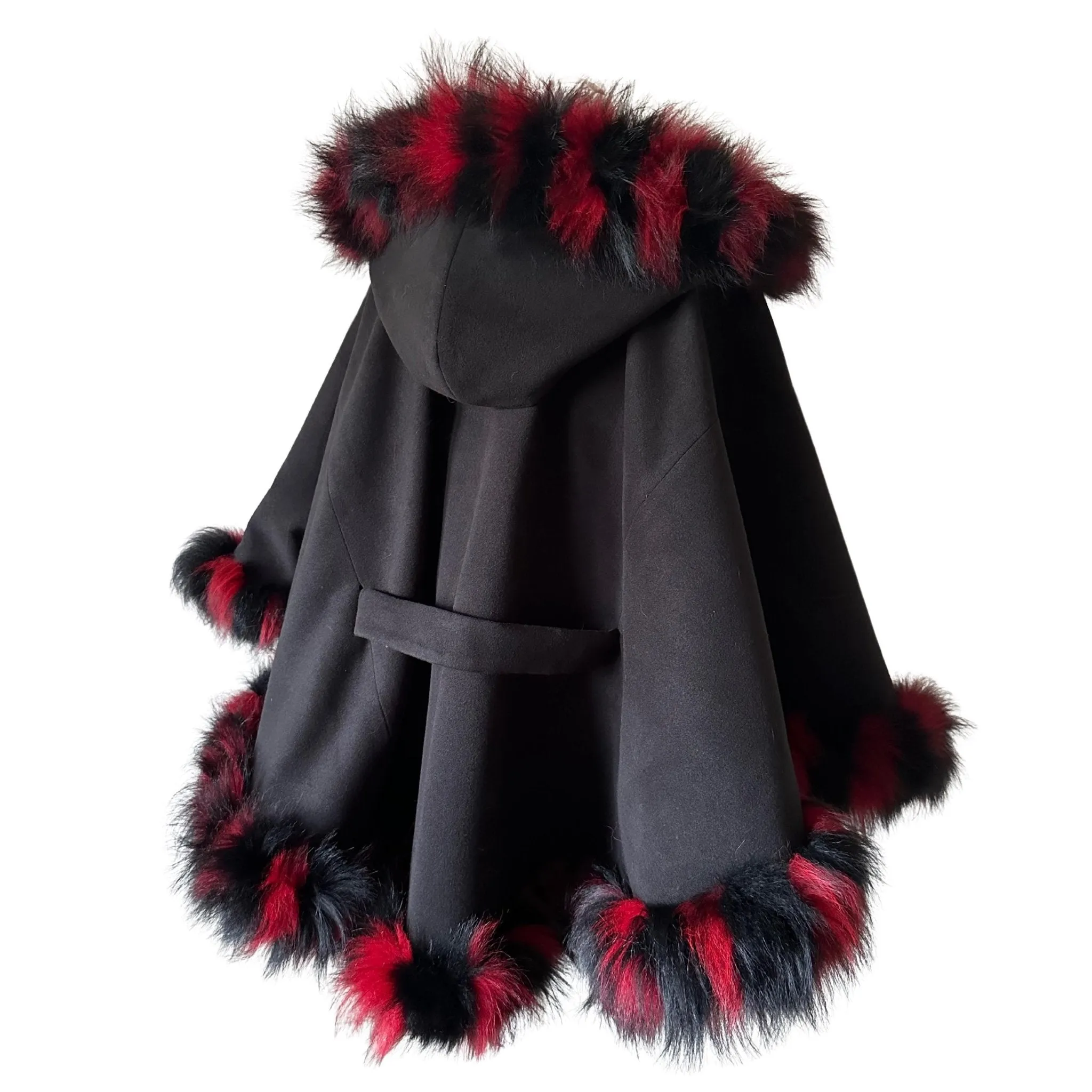 Black Red Belted Women Winter Coat Cape Trim Fox Fur, Winter Women's Poncho Jacket lined, Warm Women's coat with a hood