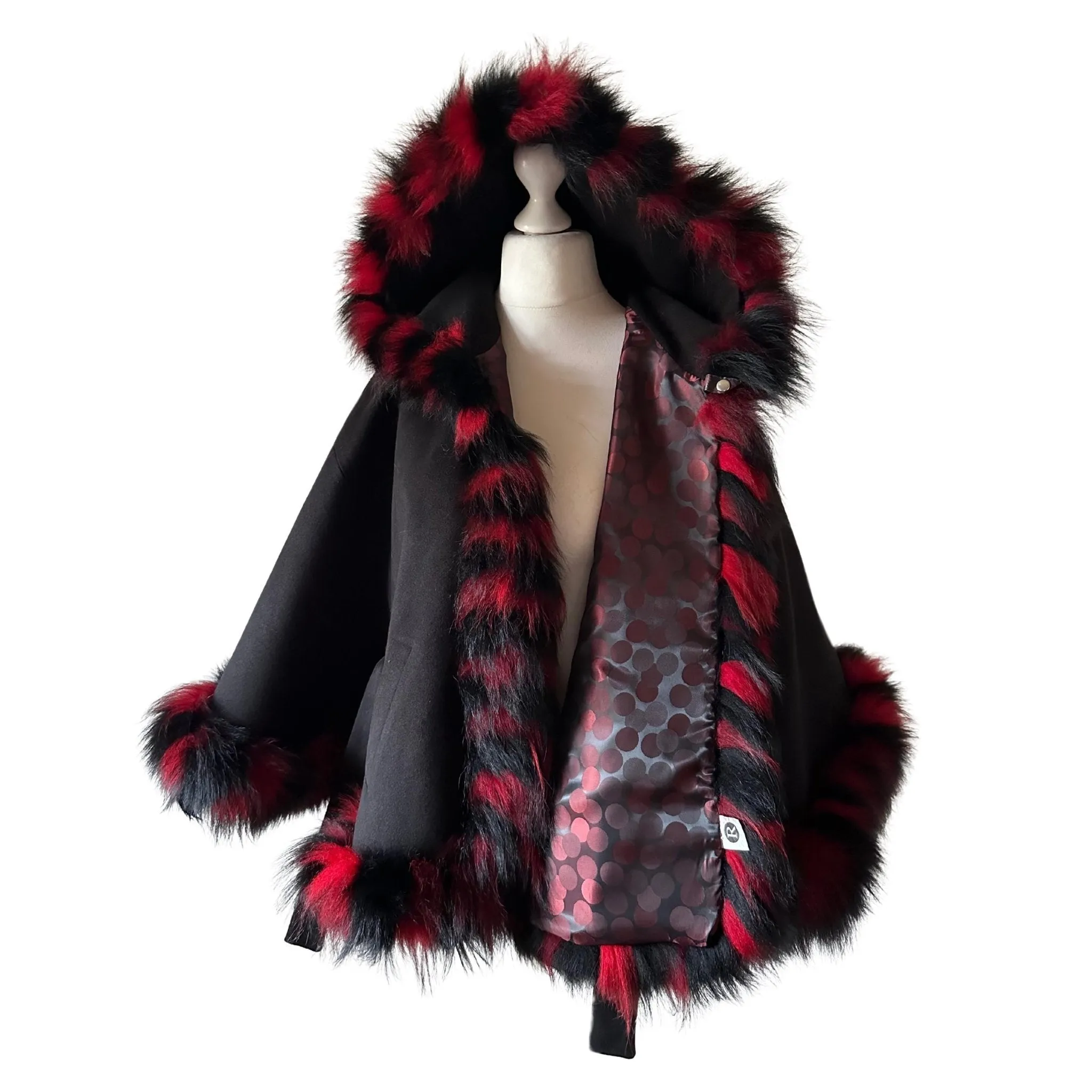 Black Red Belted Women Winter Coat Cape Trim Fox Fur, Winter Women's Poncho Jacket lined, Warm Women's coat with a hood