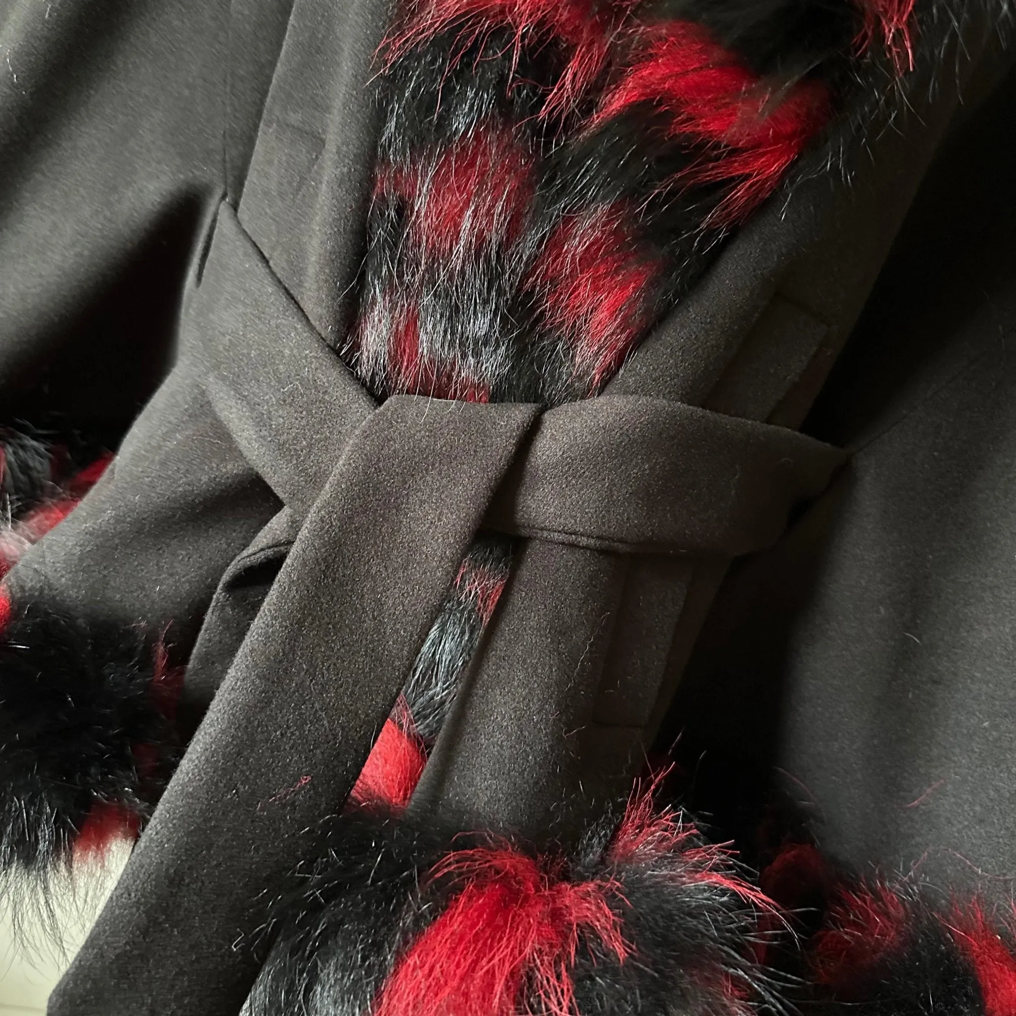 Black Red Belted Women Winter Coat Cape Trim Fox Fur, Winter Women's Poncho Jacket lined, Warm Women's coat with a hood