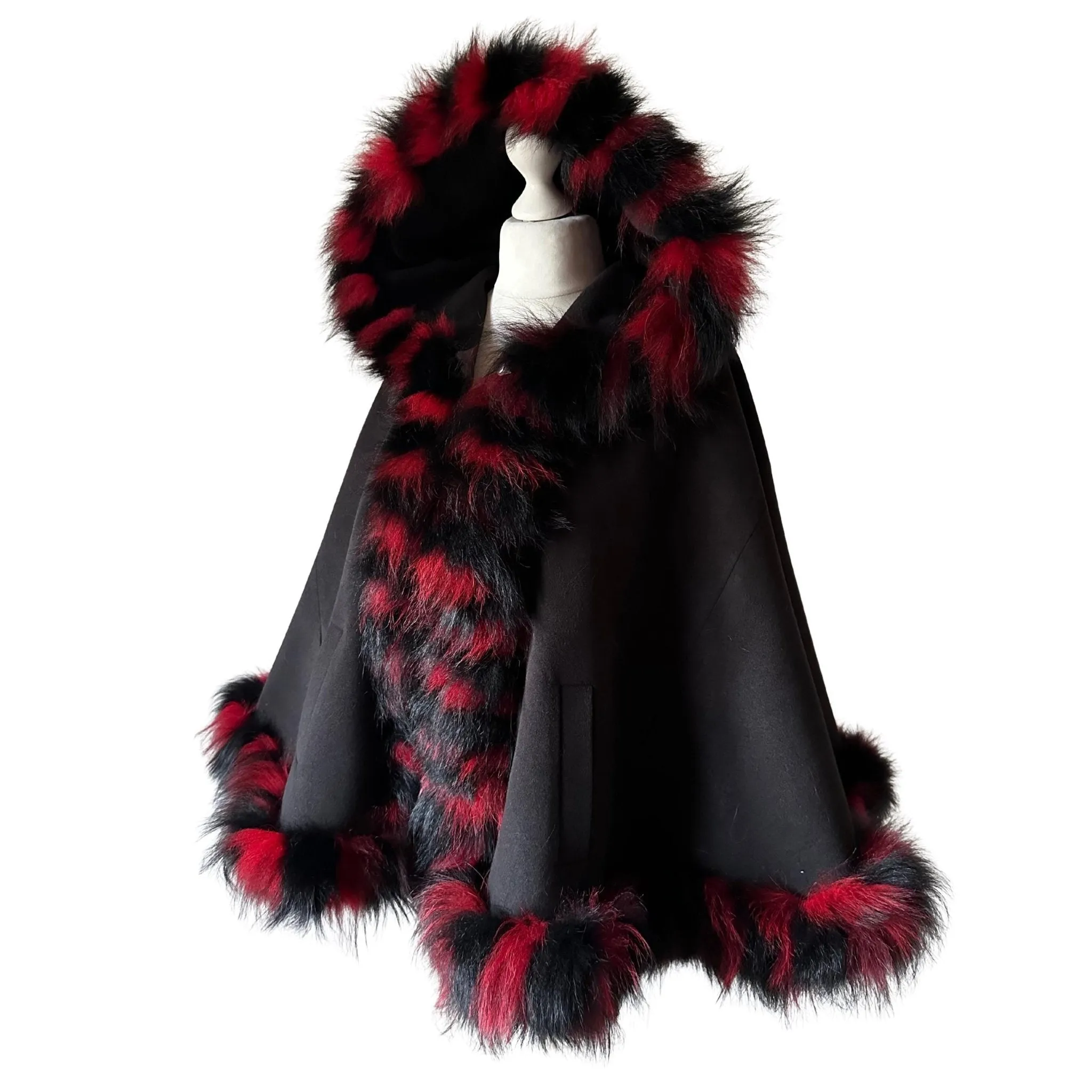 Black Red Belted Women Winter Coat Cape Trim Fox Fur, Winter Women's Poncho Jacket lined, Warm Women's coat with a hood