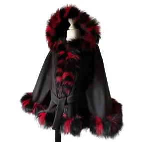 Black Red Belted Women Winter Coat Cape Trim Fox Fur, Winter Women's Poncho Jacket lined, Warm Women's coat with a hood