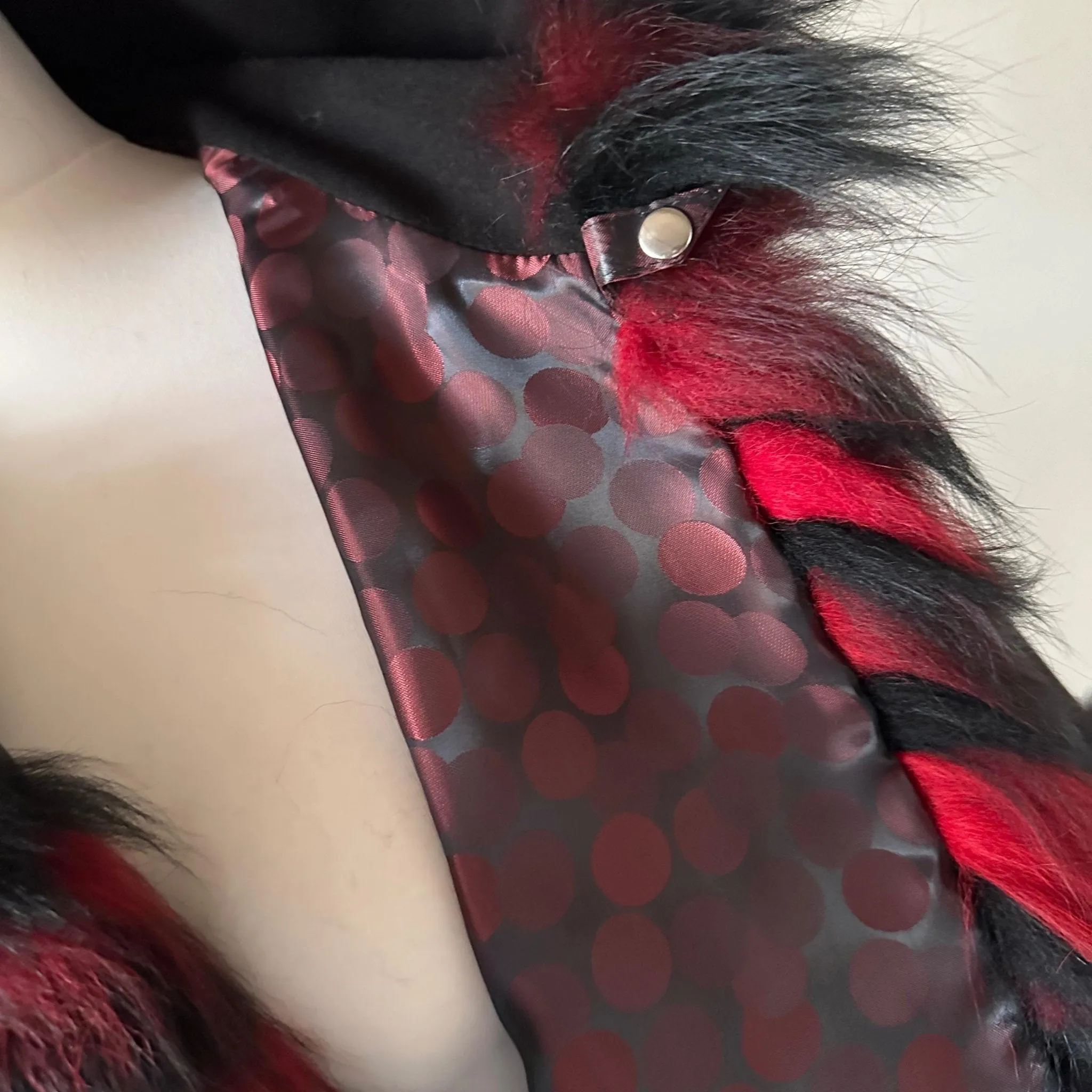 Black Red Belted Women Winter Coat Cape Trim Fox Fur, Winter Women's Poncho Jacket lined, Warm Women's coat with a hood